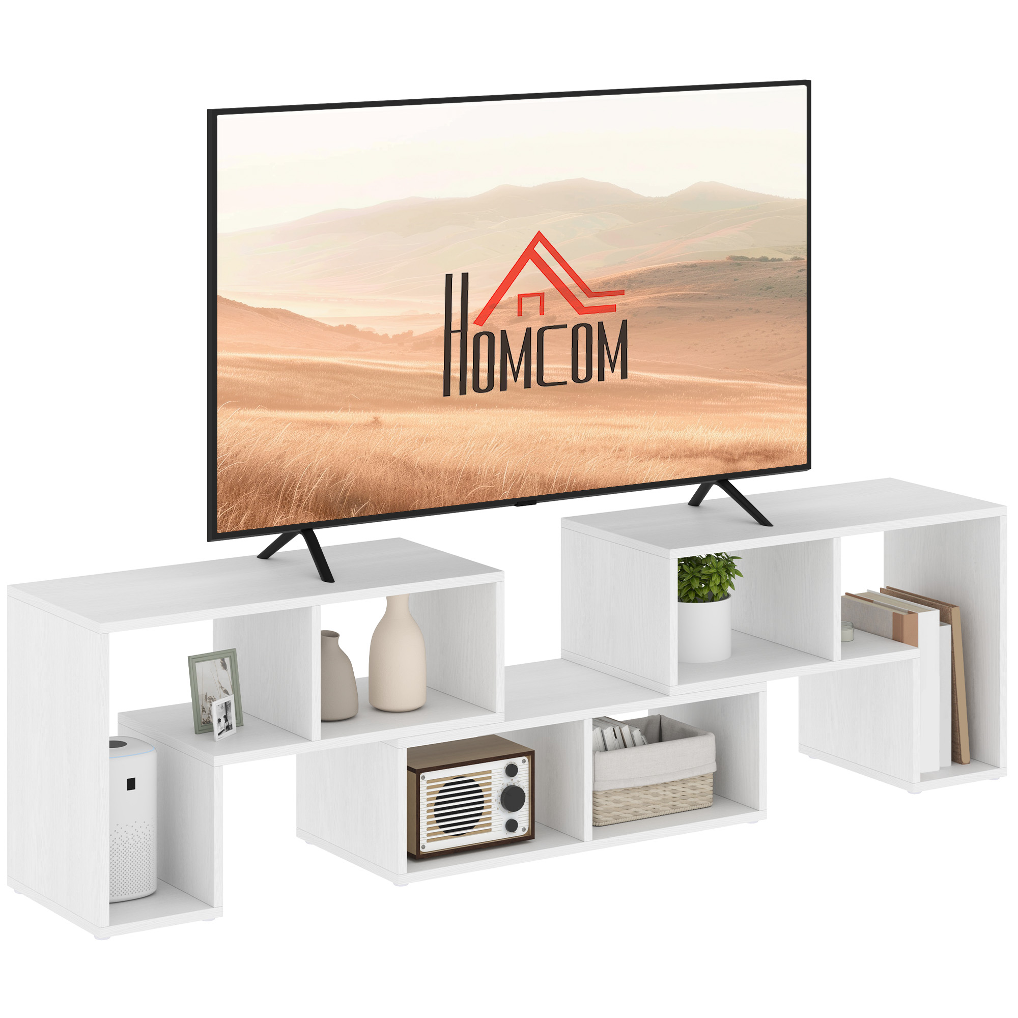 HERON TV Stand for TVs up to 75 Inches, White Wood Grain - Life Essentials