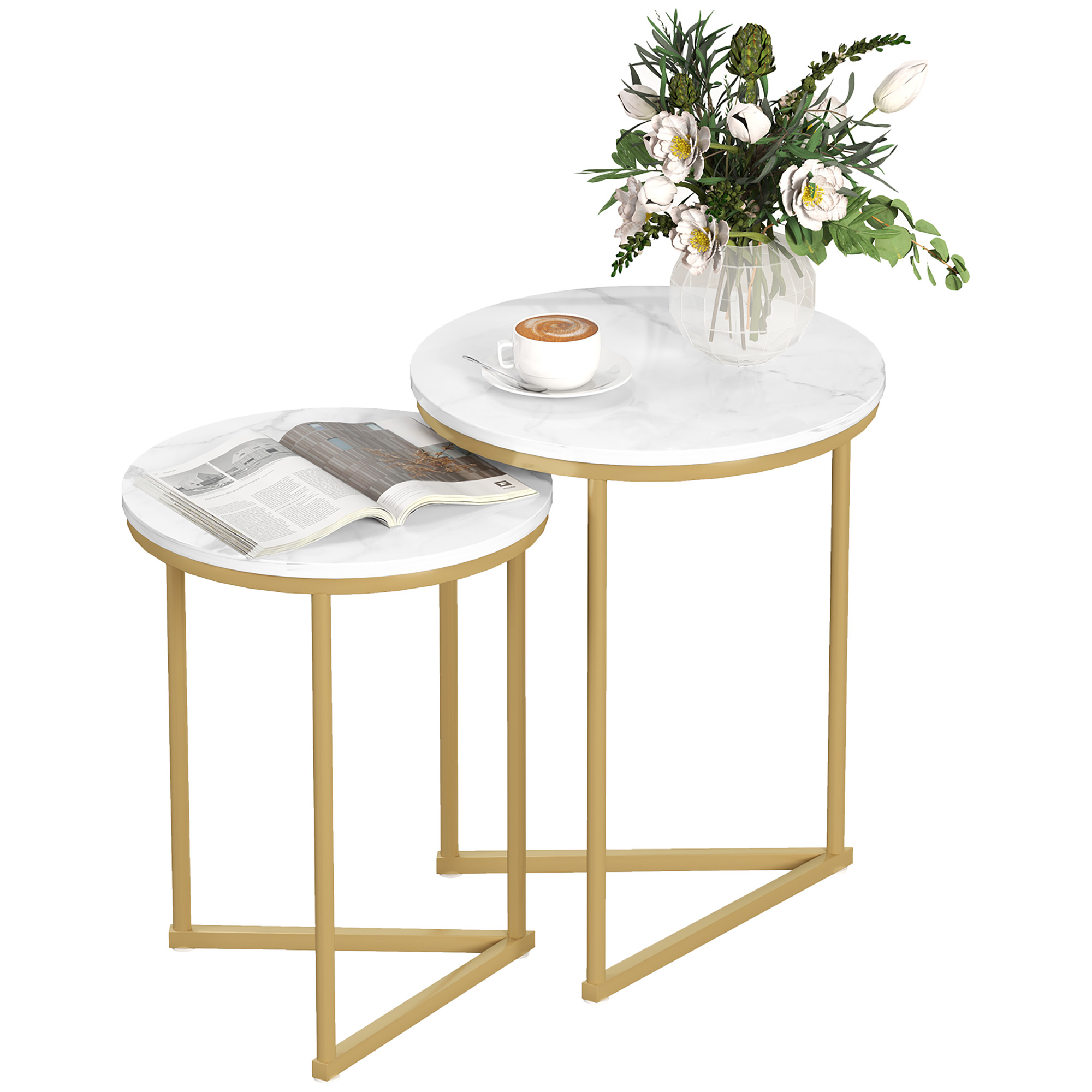 HERON Set of Two Marble-Effect Nest of Tables - White/Gold-Tone - Life Essentials