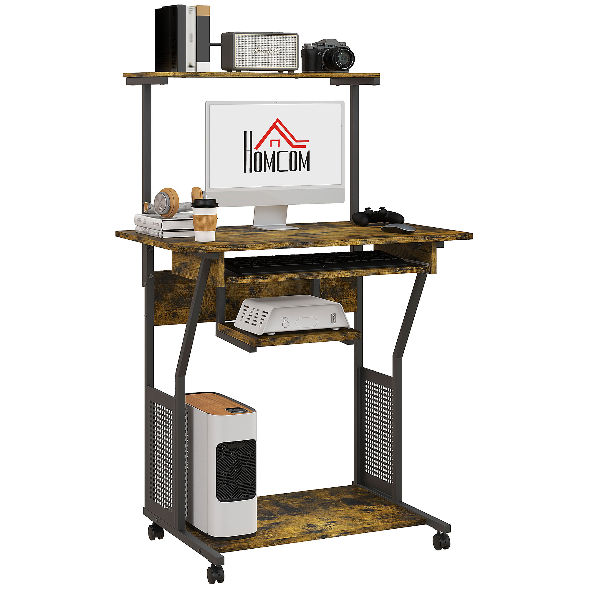 Scott Mobile Computer Desk with Storage Shelves and Wheels - Rustic Brown - Life Essentials