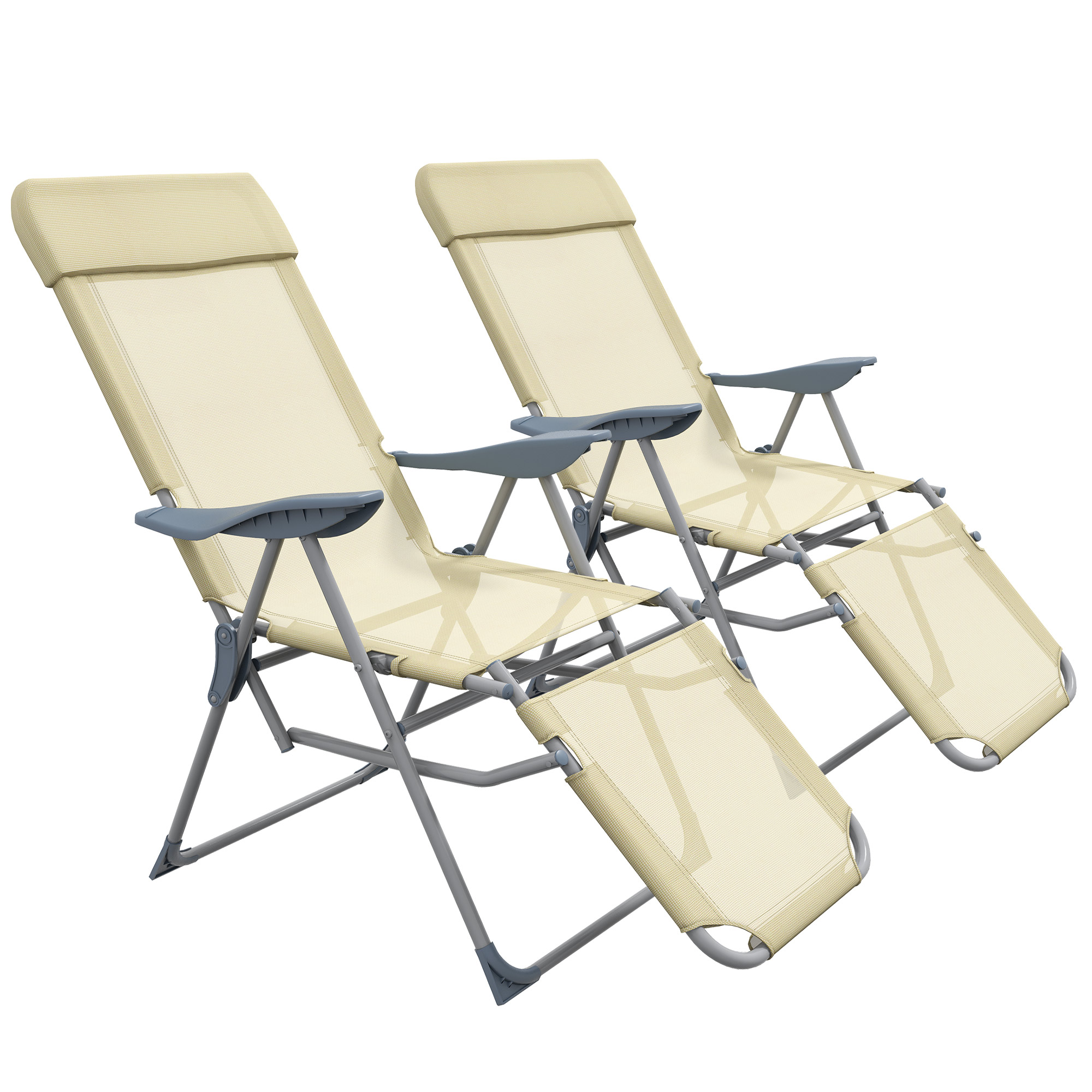 Outdoor Sun Lounger Set of 2, Reclining Garden Chairs w/ Adjustable Footrest, 2 pcs Recliner w/ 5-level Adjustable Backrest, Headrest, Beige - Life 