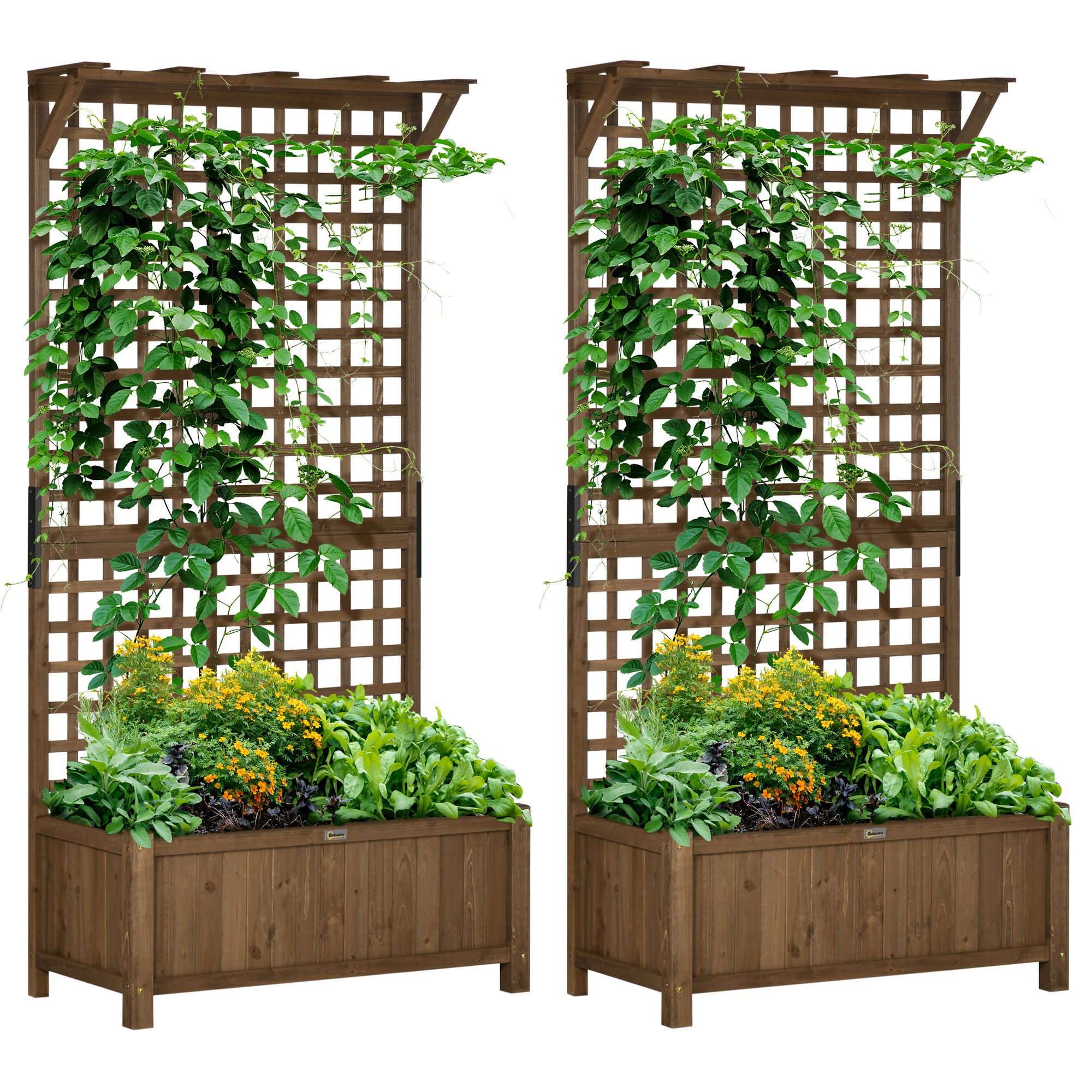 2 Pcs Raised Bed with Drainage Holes, Wood Planter with Trellis for Climbing Plants to Grow Vegetables, Flowers, Brown - Life Essentials