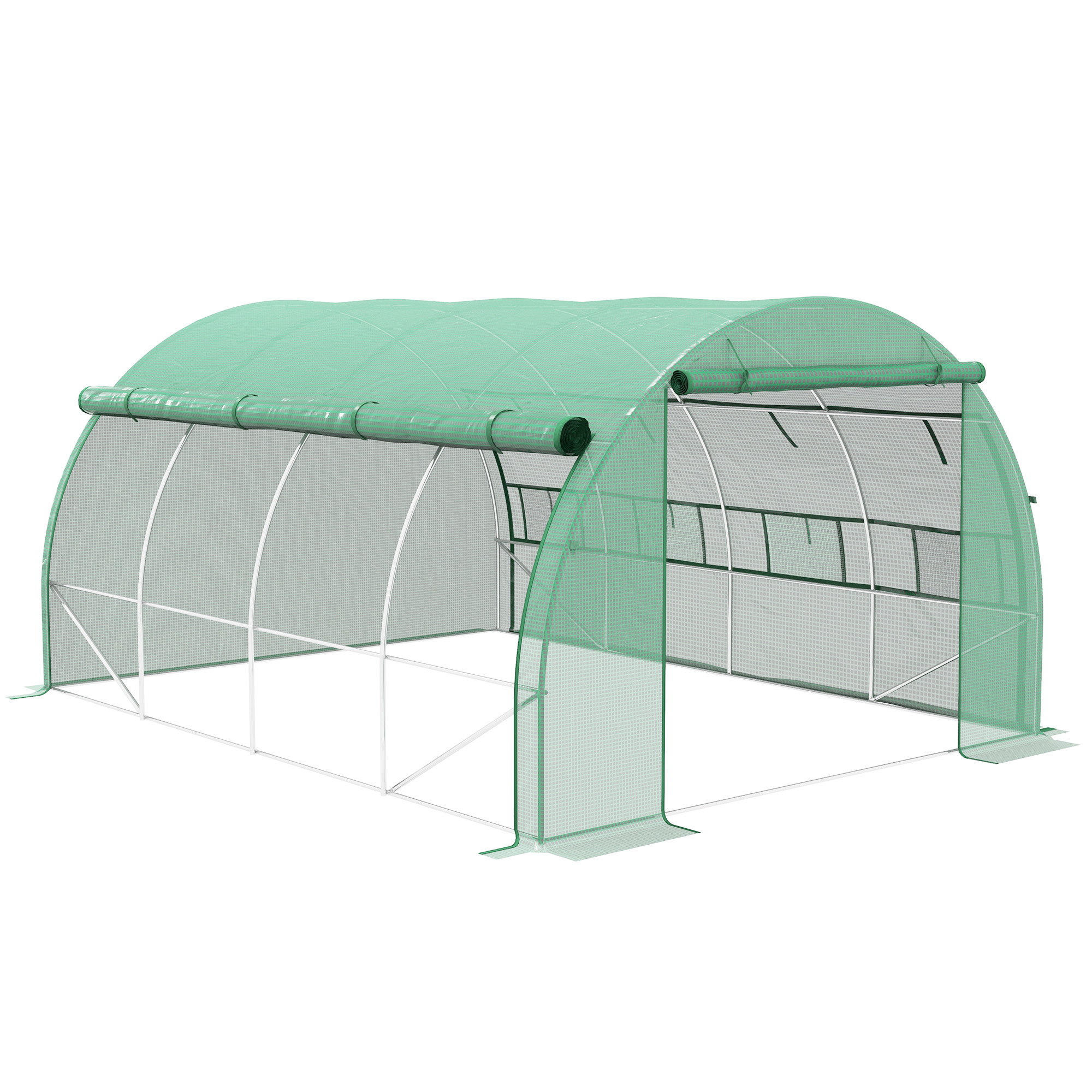 Polytunnel Greenhouse Walk-in Grow House Tent with Roll-up Sidewalls, Zipped Door and 8 Windows, 4x3x2m Green - Life Essentials