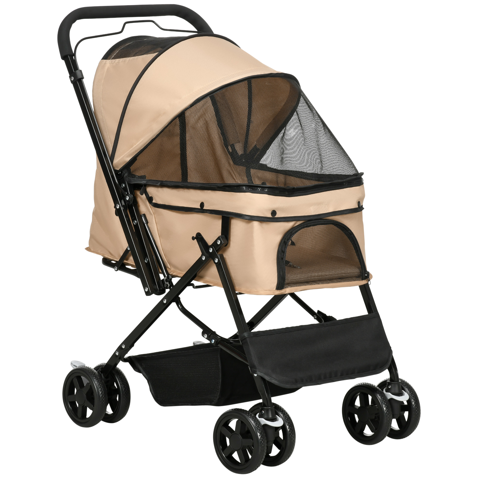 Pet Stroller Pushchair Foldable Travel Dog Cat Carriage w/ Reversible Handle Brake Basket - Life Essentials