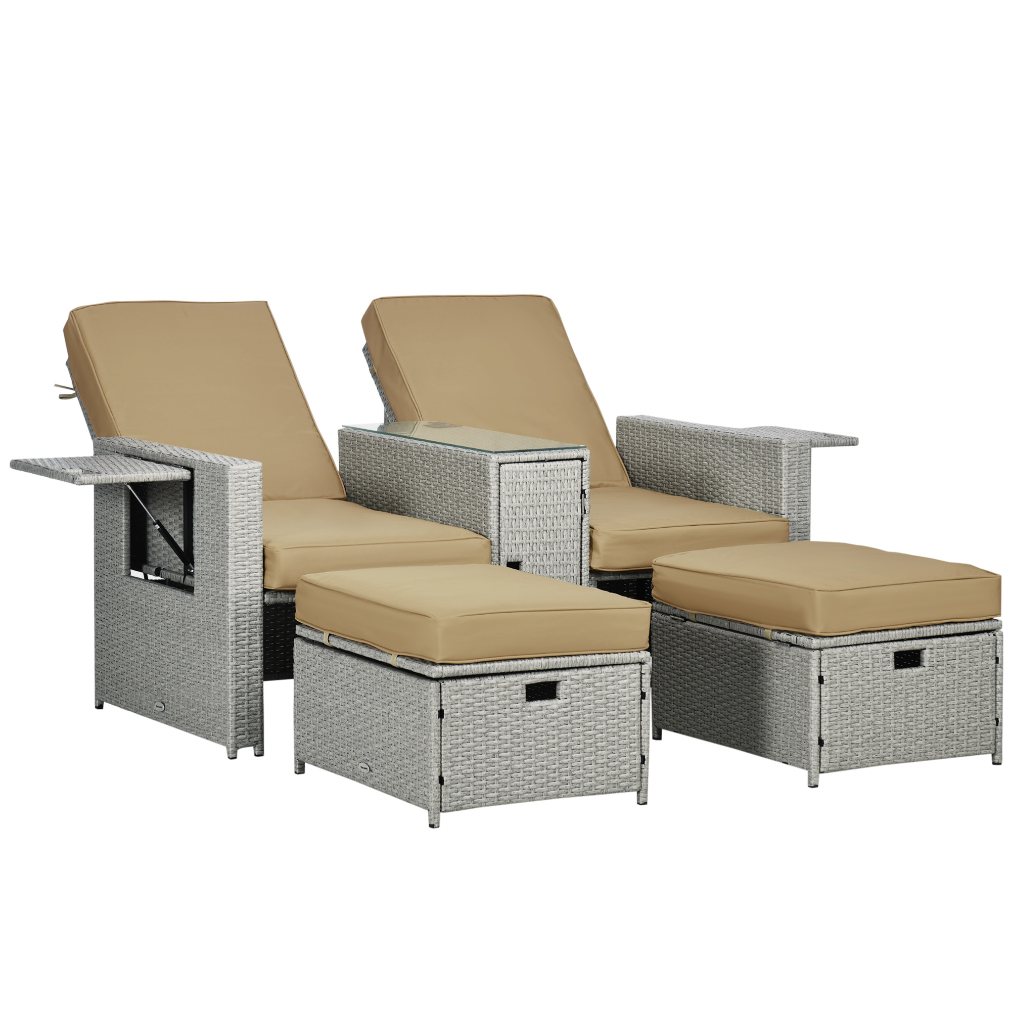 5PC PE Rattan Sun Lounger, Outdoor Wicker 5-level Adjustable Recliner Sofa Bed with Storage Side Table Footstools, for Patio, Garden, Beige - Life 