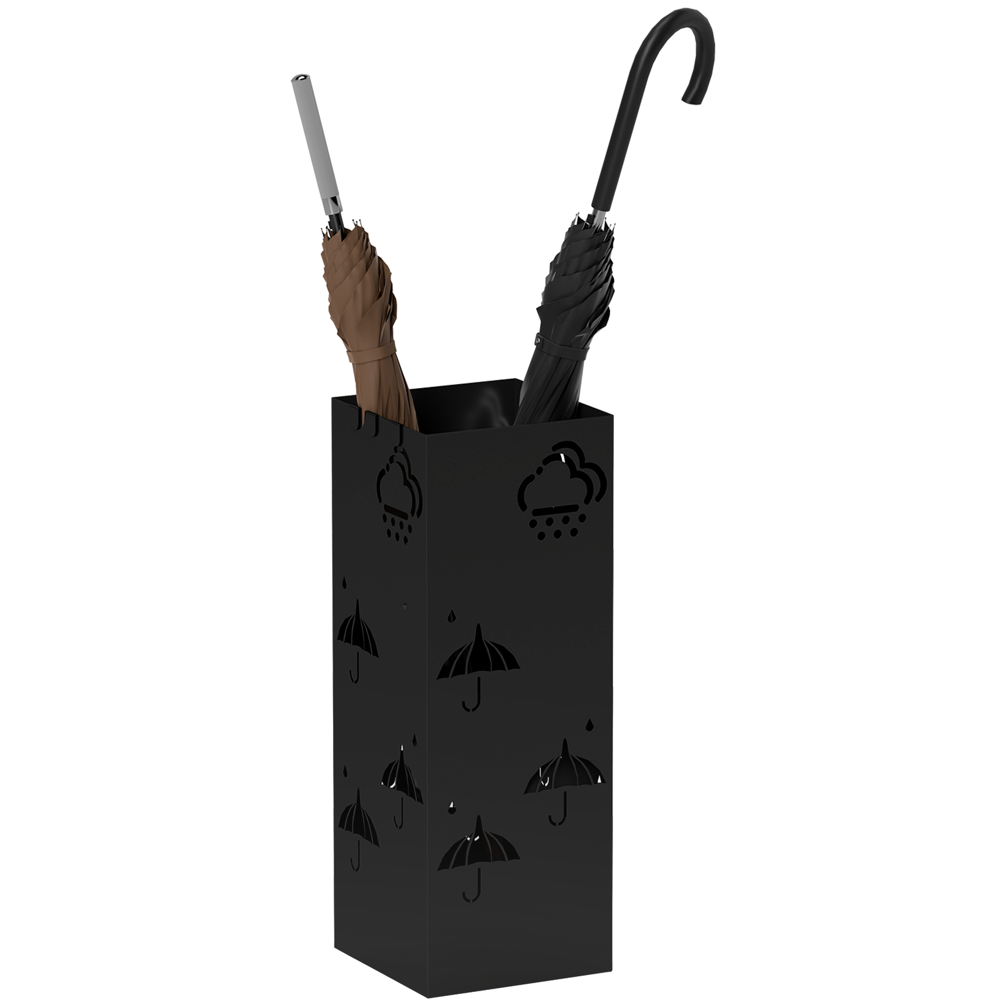 HERON Metal Umbrella Stand, Square Holder with Drip Tray, 4 Hooks, Entryway Storage, Black - Life Essentials