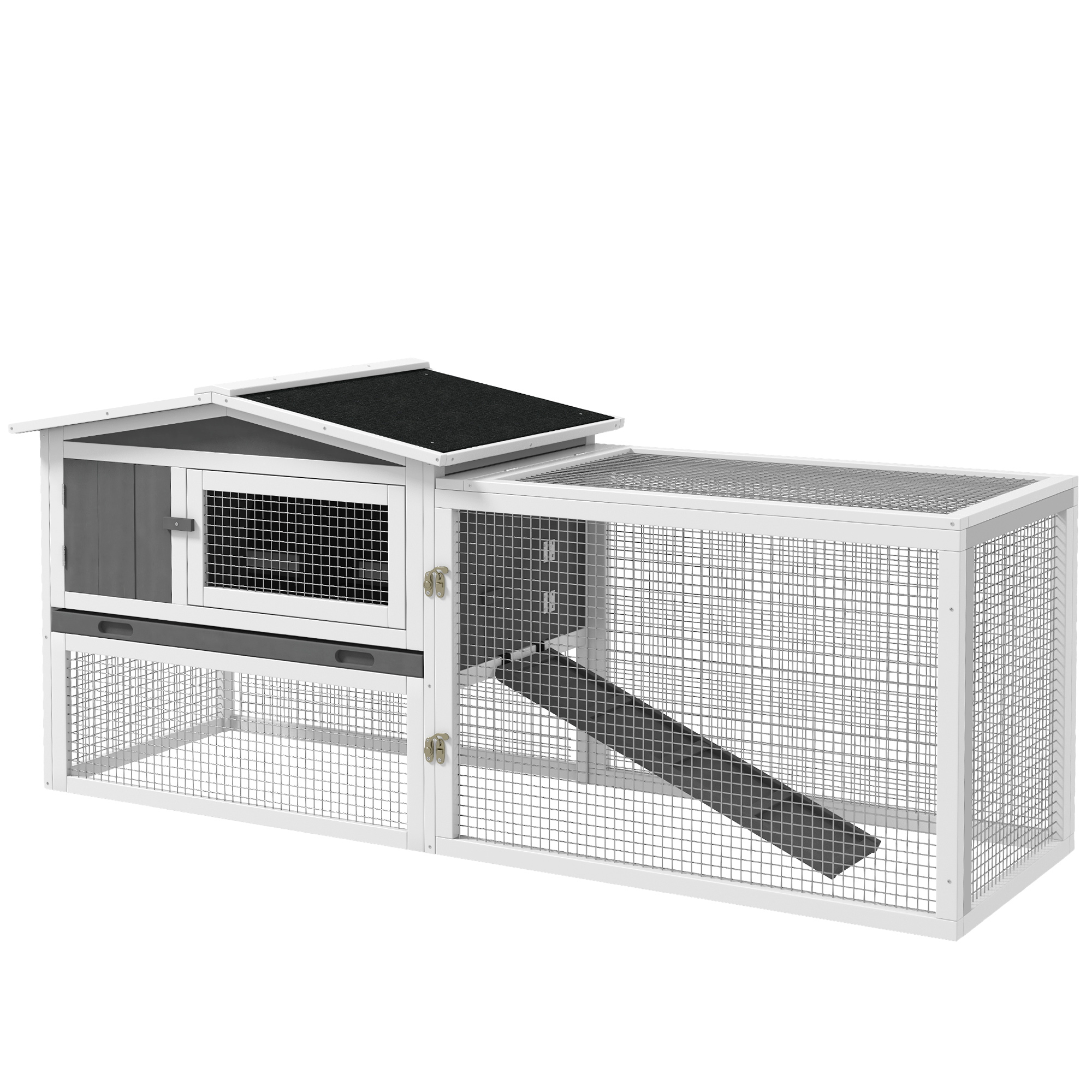 Rabbit Hutch and Run Outdoor Bunny Cage Wooden Guinea Pig Hide House with Sliding Tray, Hay Rack, Ramp, 156 x 58 x 68cm, Grey - Life Essentials