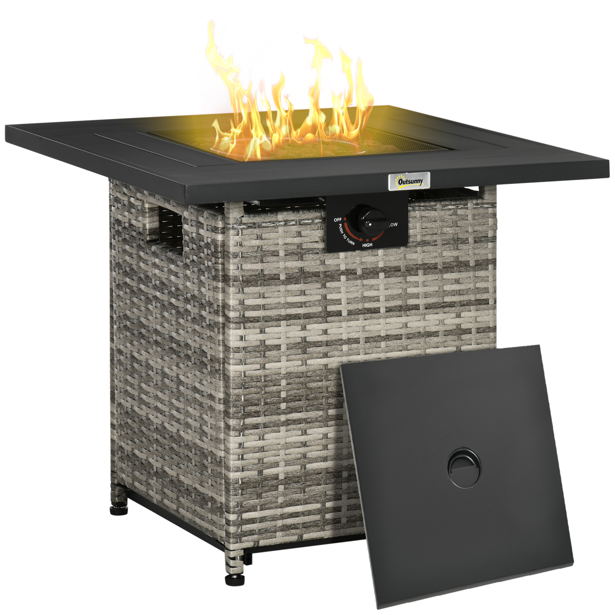 Outdoor PE Rattan Gas Fire Pit Table, Patio Square Propane Heater with Rain Cover, Mesh Lid and Lava Stone, 40,000 BTU, Mixed Grey - Life Essentials
