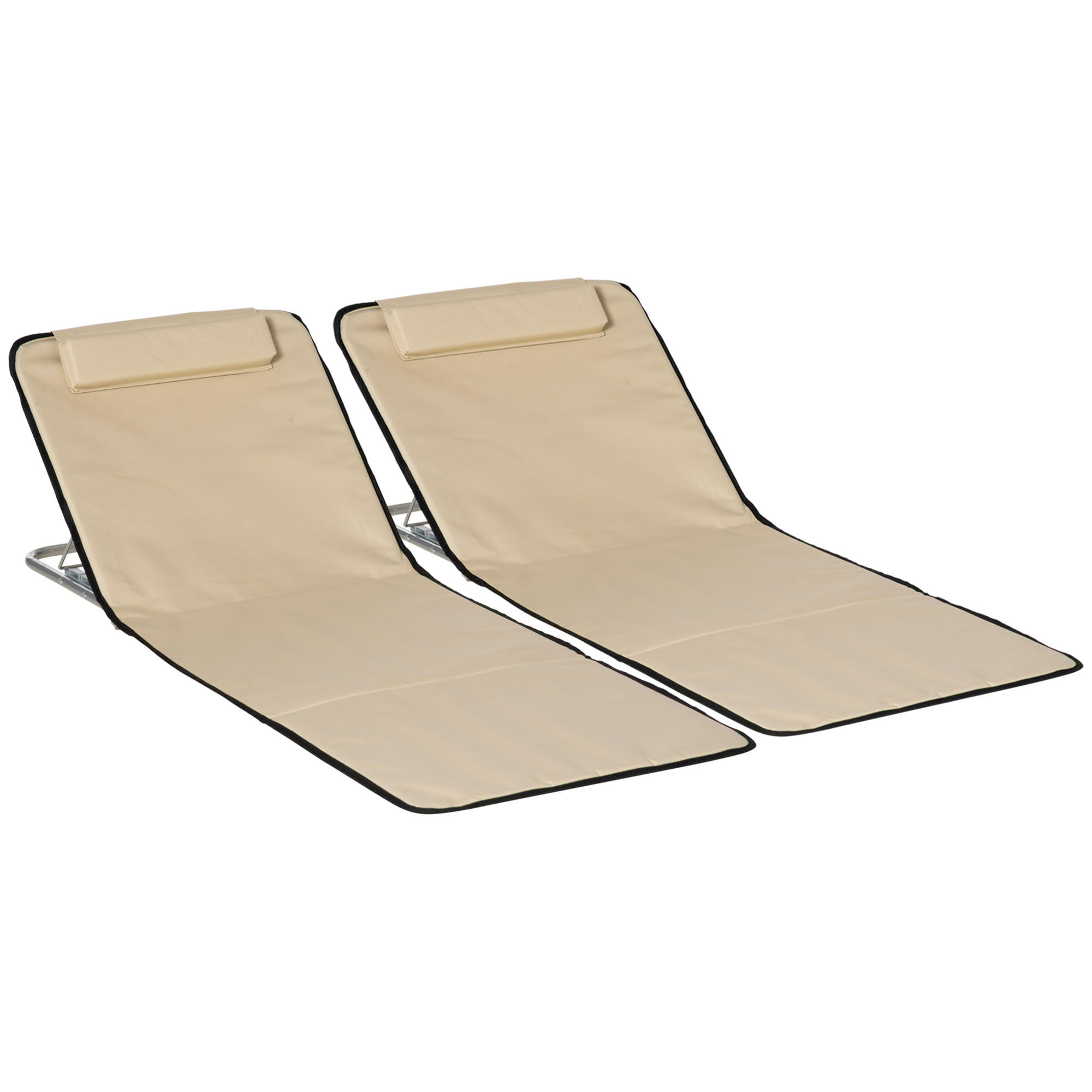 Set of 2 Foldable Garden Beach Chair Mat Lightweight Outdoor Sun Lounger Seats Adjustable Back Metal Frame PE Fabric Head Pillow, Beige - Life 