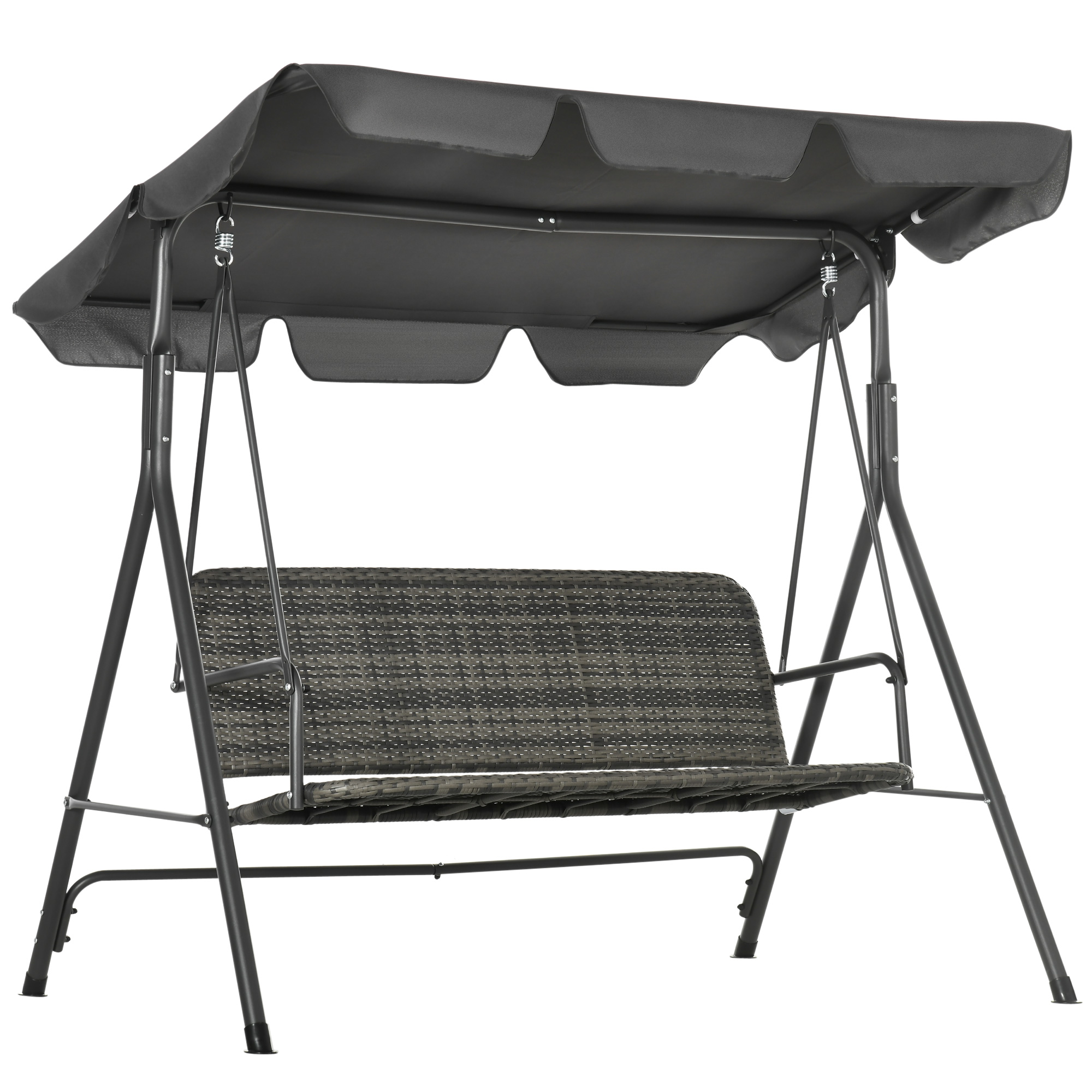 3-person Outdoor PE Rattan Swing Chair, Patio Wicker Hanging Swing Bench with Steel Frame Stand & Adjustable Canopy, Grey - Life Essentials