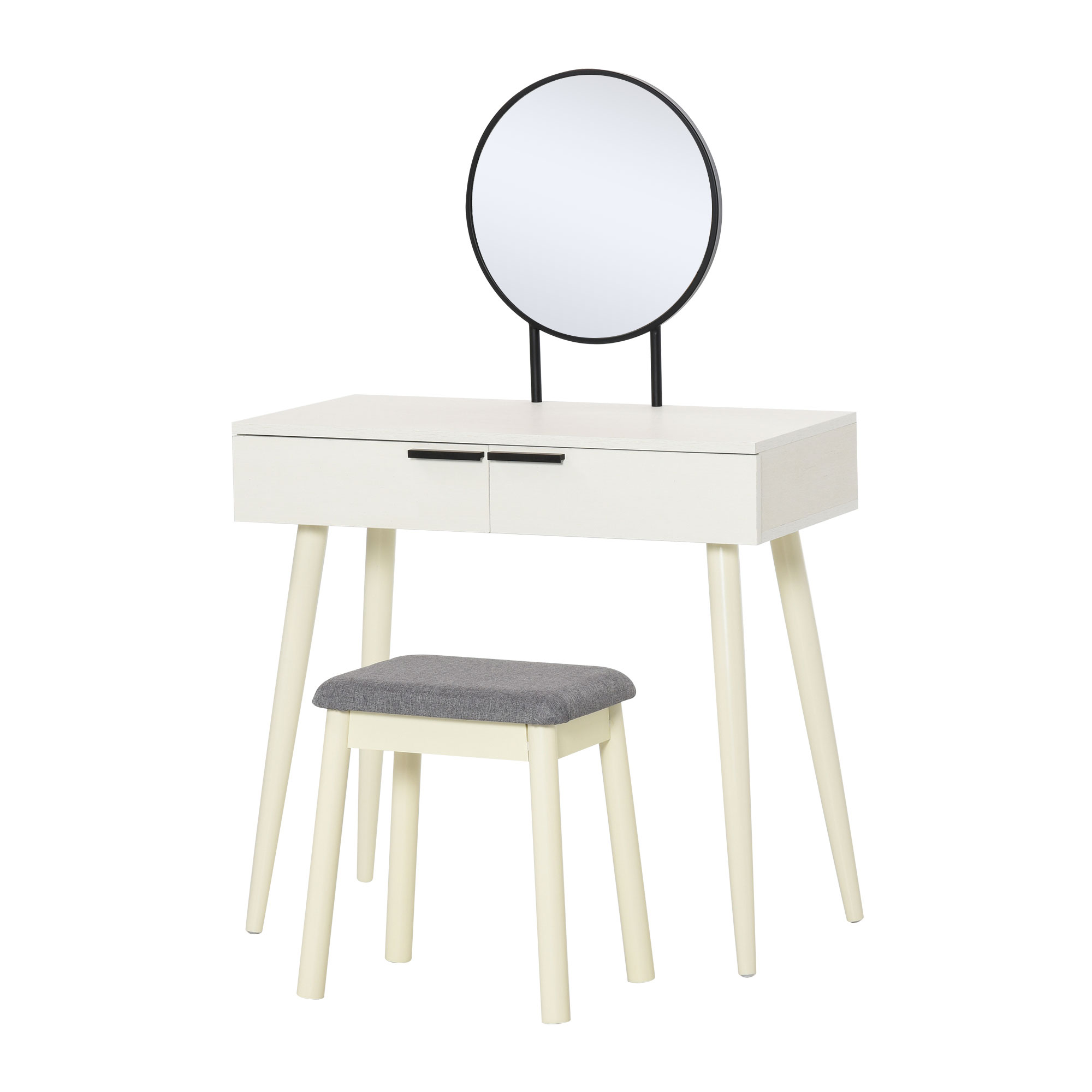 Dressing Table Set with Round Mirror Vanity Table Set w/ Makeup Desk, Cushioned Stool, 2 Drawers for Jewelry Storage, White - Life Essentials