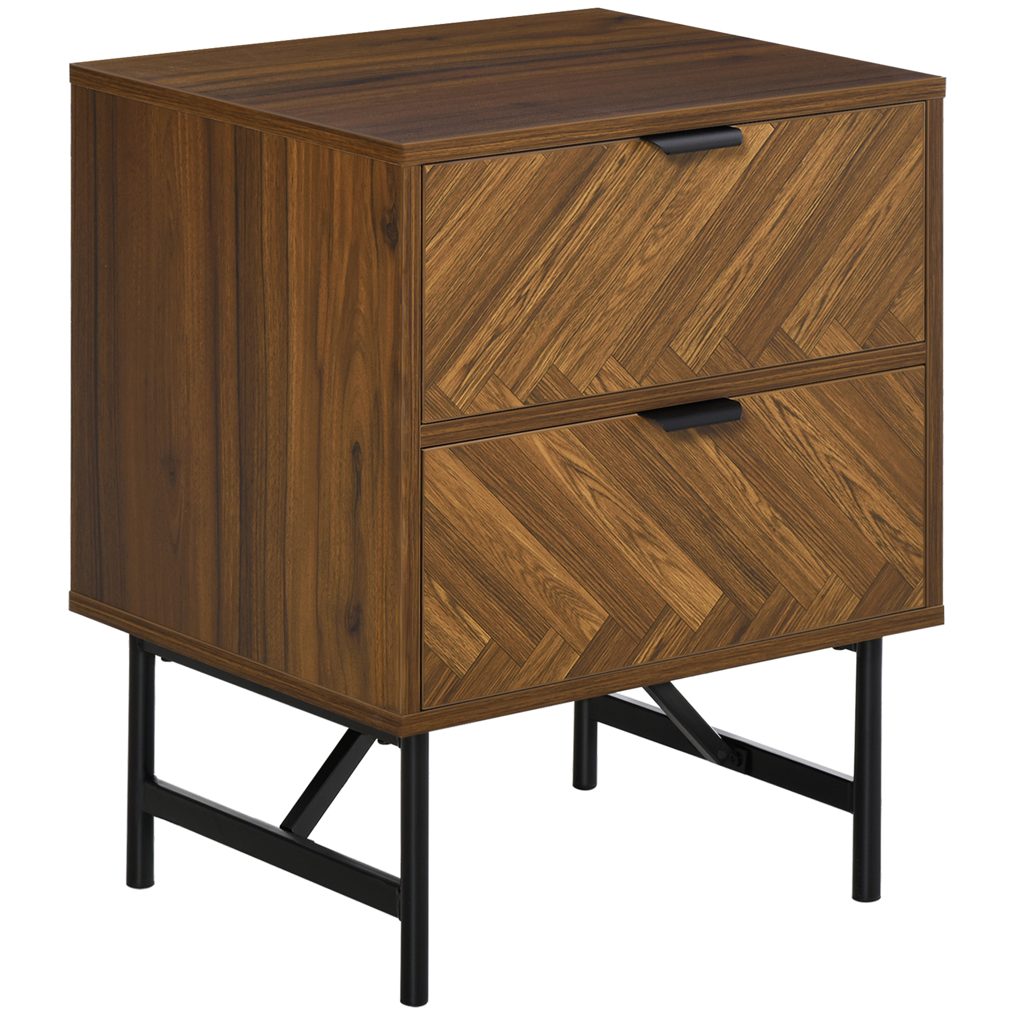 Herringbone Pattern Side Cabinet, Home Organizer with 2 Drawers, Hidden Handles, for Bedroom or Living Room, Walnut Brown - Life Essentials