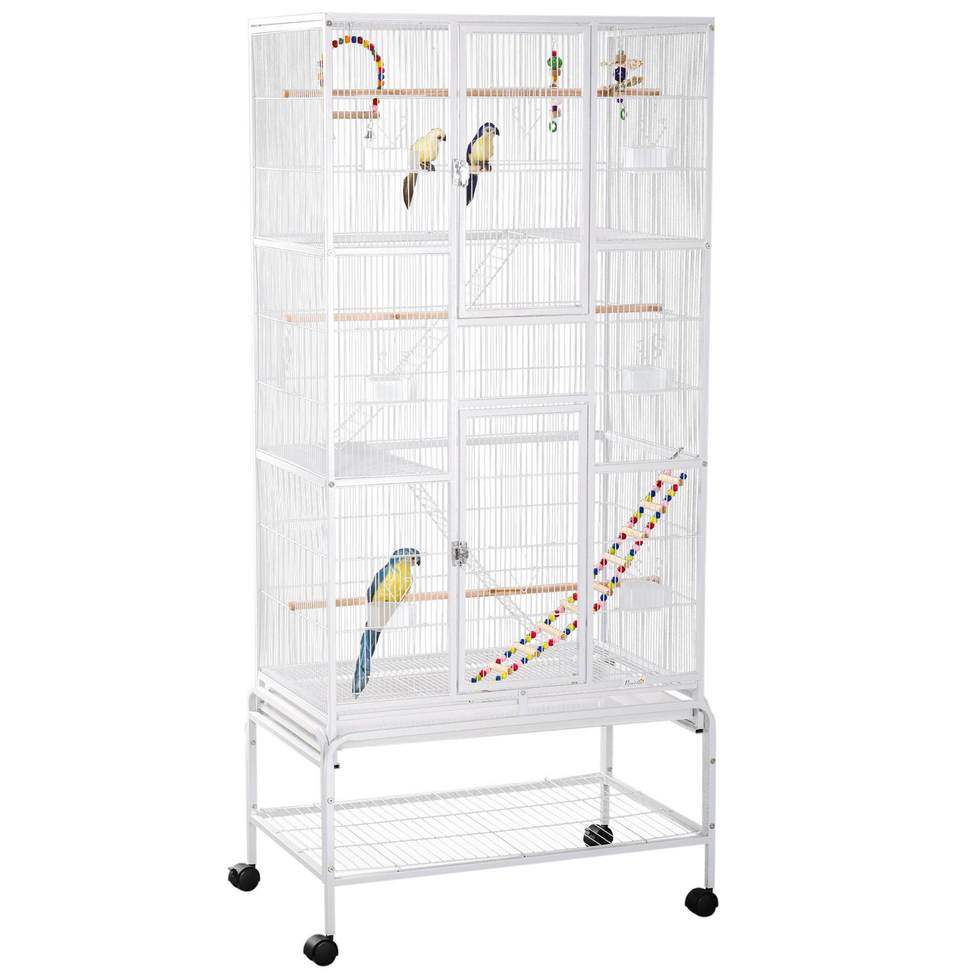 3 Tier Bird Cage with Stand, Wheels, Toys, Ladders, for Canaries, Finches, Cockatiels, Parakeets, Budgie Cage with Accessories - White - Life 