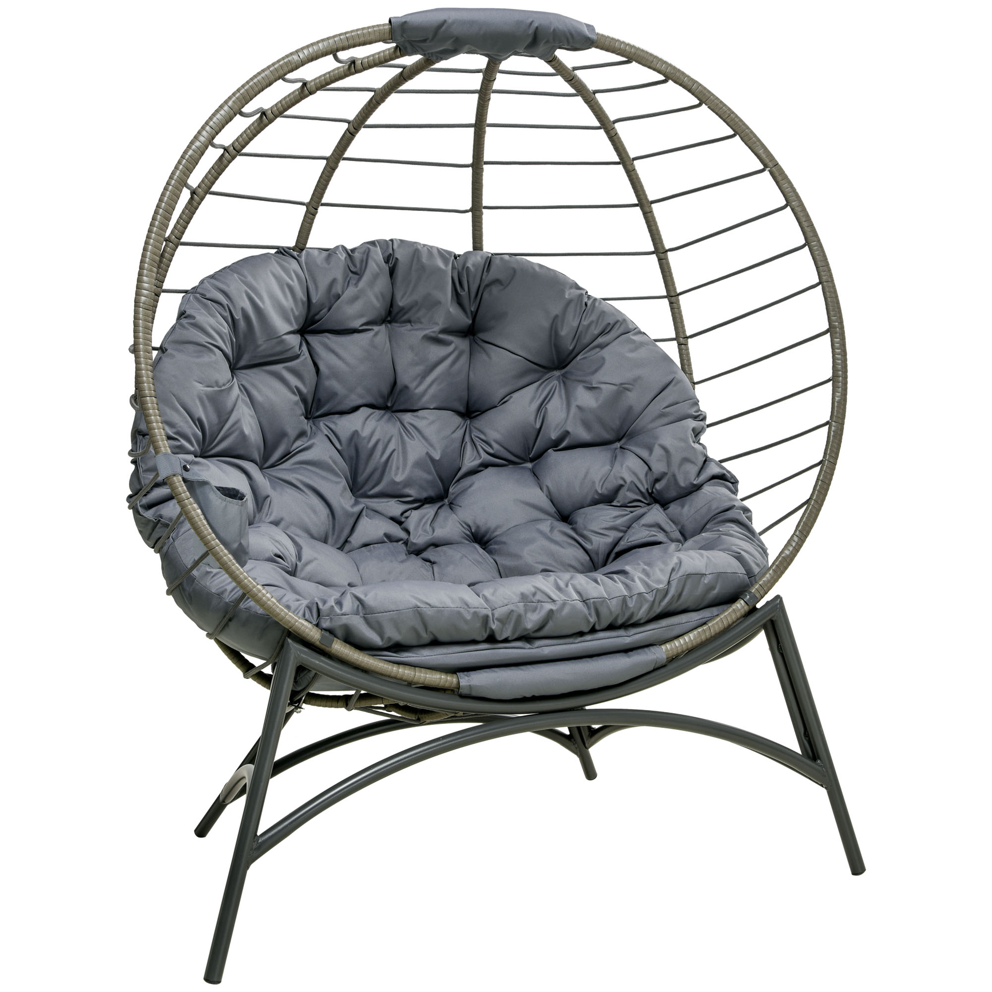 Folding Rattan Egg Chair, Freestanding Basket Chair with Cushion, Bottle Holder Bag for Outdoor or Indoor, Grey and Black - Life Essentials