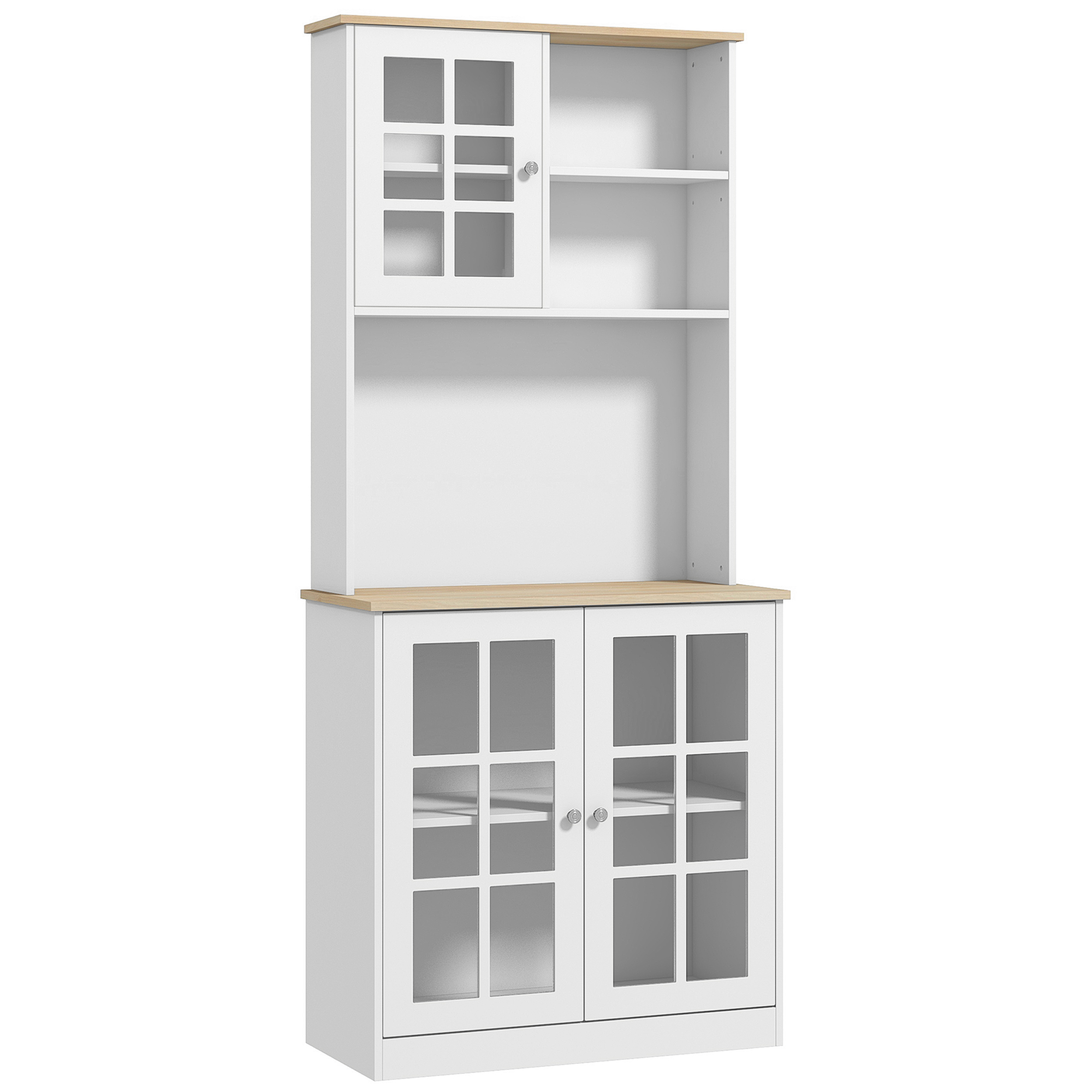 Kitchen Cupboard Sideboard Storage Cabinet Unit w/ Counter Top Grid Glass Doors Shelves 80L x 37W x 183H cm - White - Life Essentials