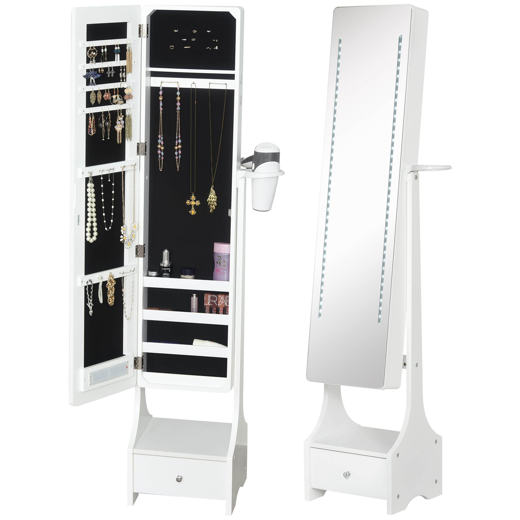 Freestanding Jewellery Cabinet Storage Mirror Armoire w/ LED Lights Hooks Drawer Hairdryer Holder Vanity Adjustable Bedroom Furnishing White - Life 