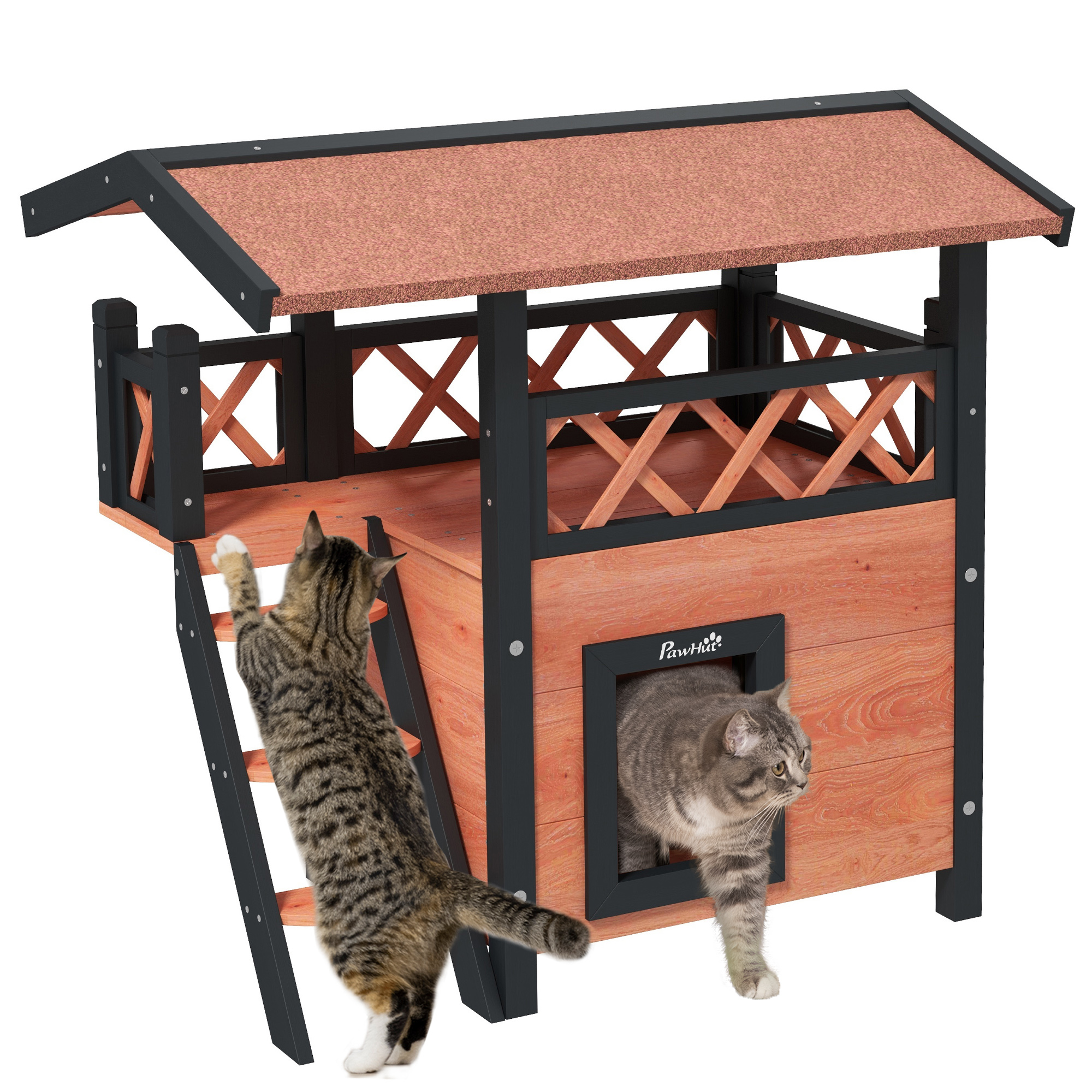 Cat House Outdoor w/ Balcony Stairs Roof, 77 x 50 x 73 cm, Brown - Life Essentials