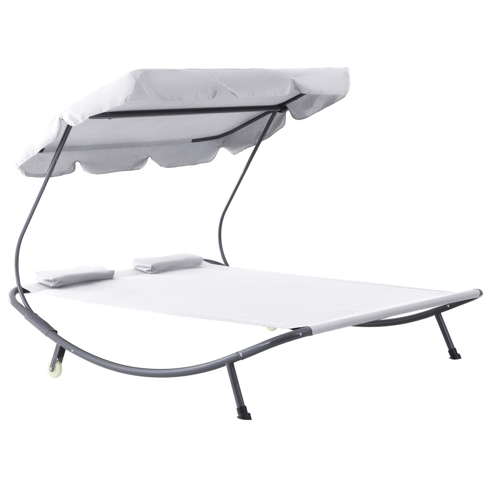 Patio Double Hammock Sun Lounger Bed w/ Canopy Shelter, Wheels & 2 Pillows, White - Life Essentials