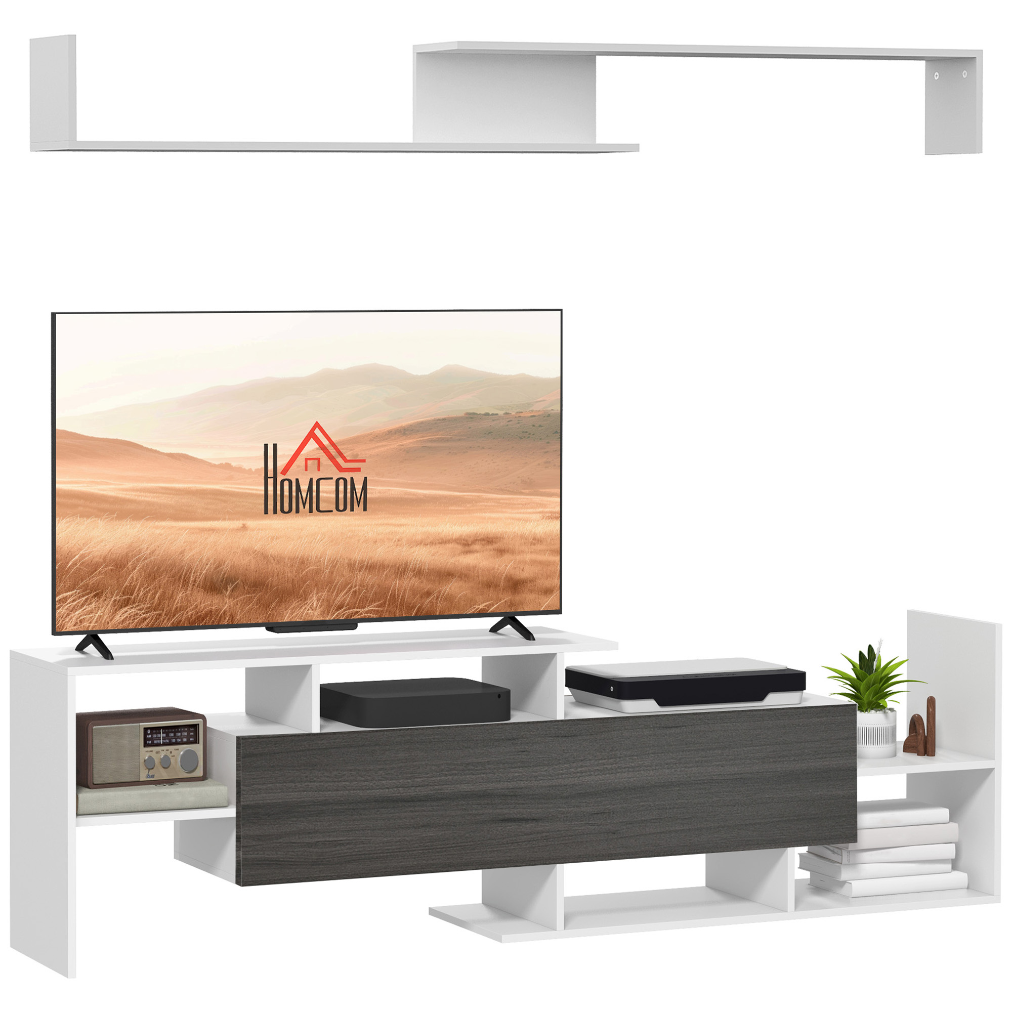 Modern TV Cabinet with Wall Shelf, TV Unit with Storage Shelf and Cabinet, Living Room Bedroom, White and Grey - Life Essentials