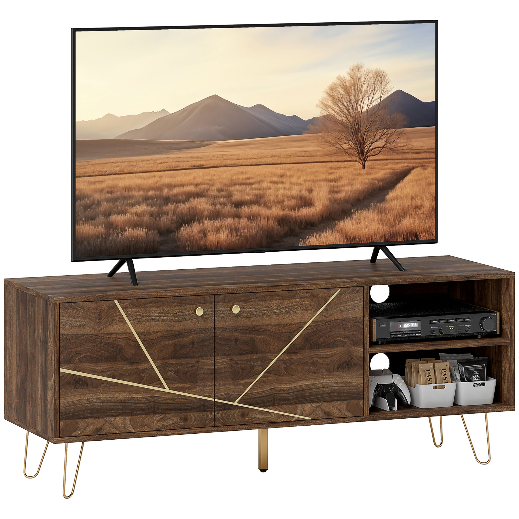 HERON 130cm TV Stand, Adjustable Shelves, Hairpin Legs, Cabinet for up to 60 Inch TV, Brown - Life Essentials