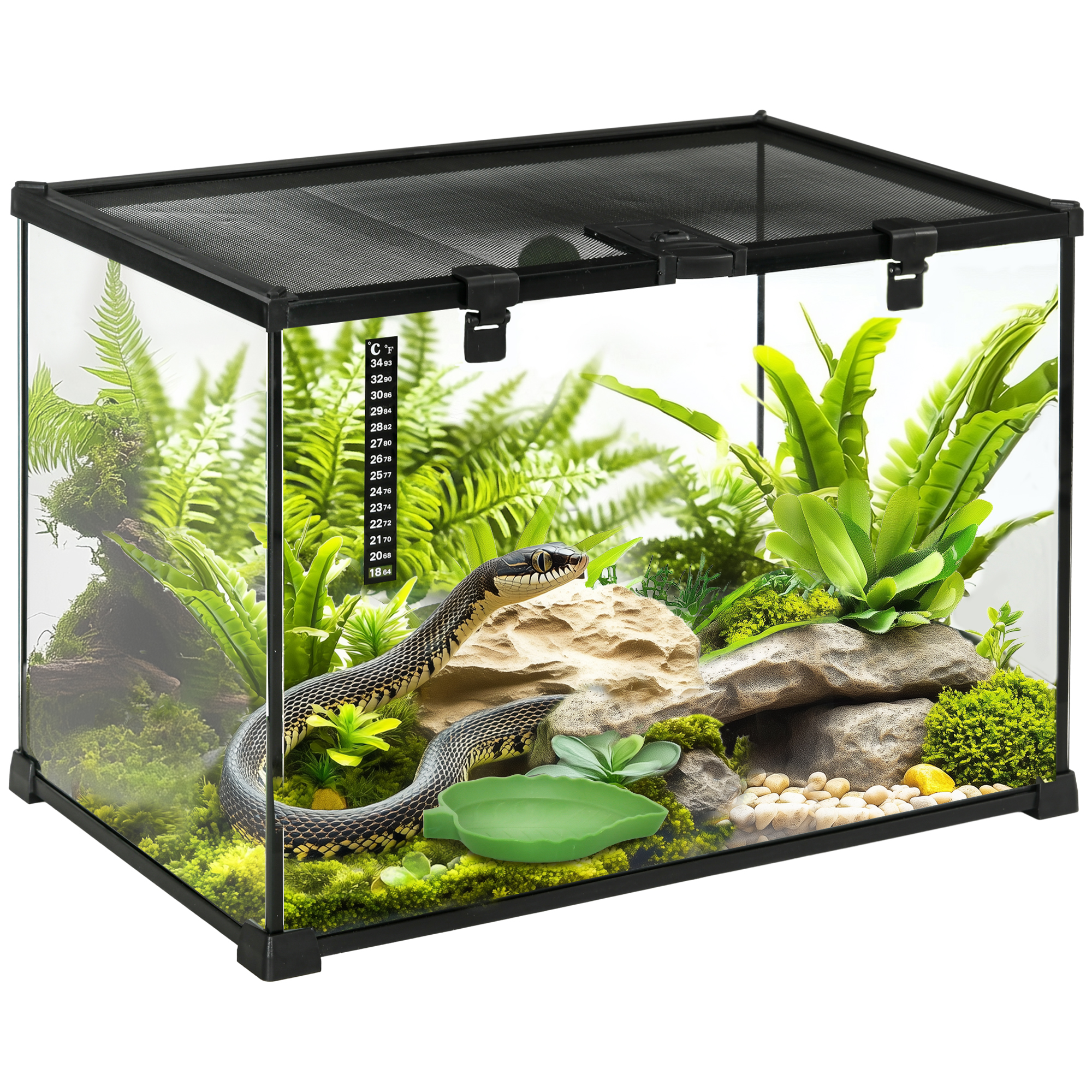 50 x 30 x 35 cm Reptile Glass Terrarium, Reptile Breeding Tank, Climbing pet Glass Containers, Arboreal Box, with Strip Patch Thermometer-Black - Life