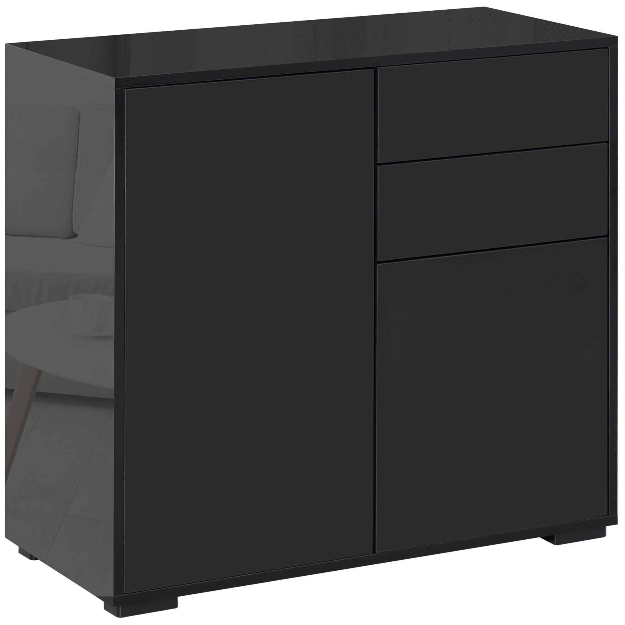 High Gloss Sideboard, Side Cabinet, Push-Open Design with 2 Drawer for Living Room, Bedroom, Black - Life Essentials