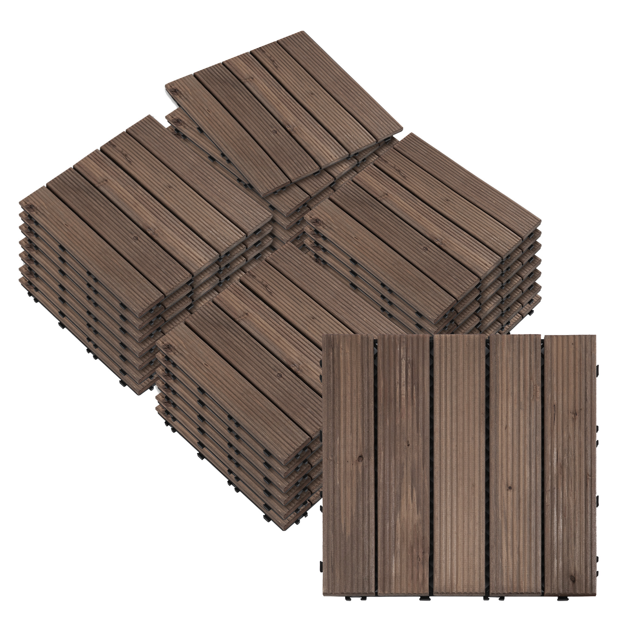 27 Pcs Solid Wood Interlocking Decking Tiles For Patio, Balcony, Roof Terrace, Hot Tub, Black, (30 x 30 cm Per Piece) - Life Essentials