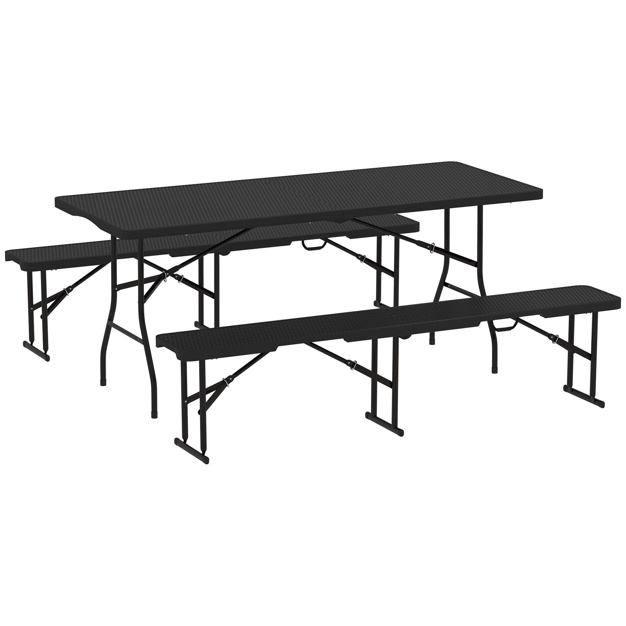 SUNVISTA Folding Picnic Table & Bench Set, Rattan Effect Camping Dining Set with Handles, Portable, Black - Life Essentials