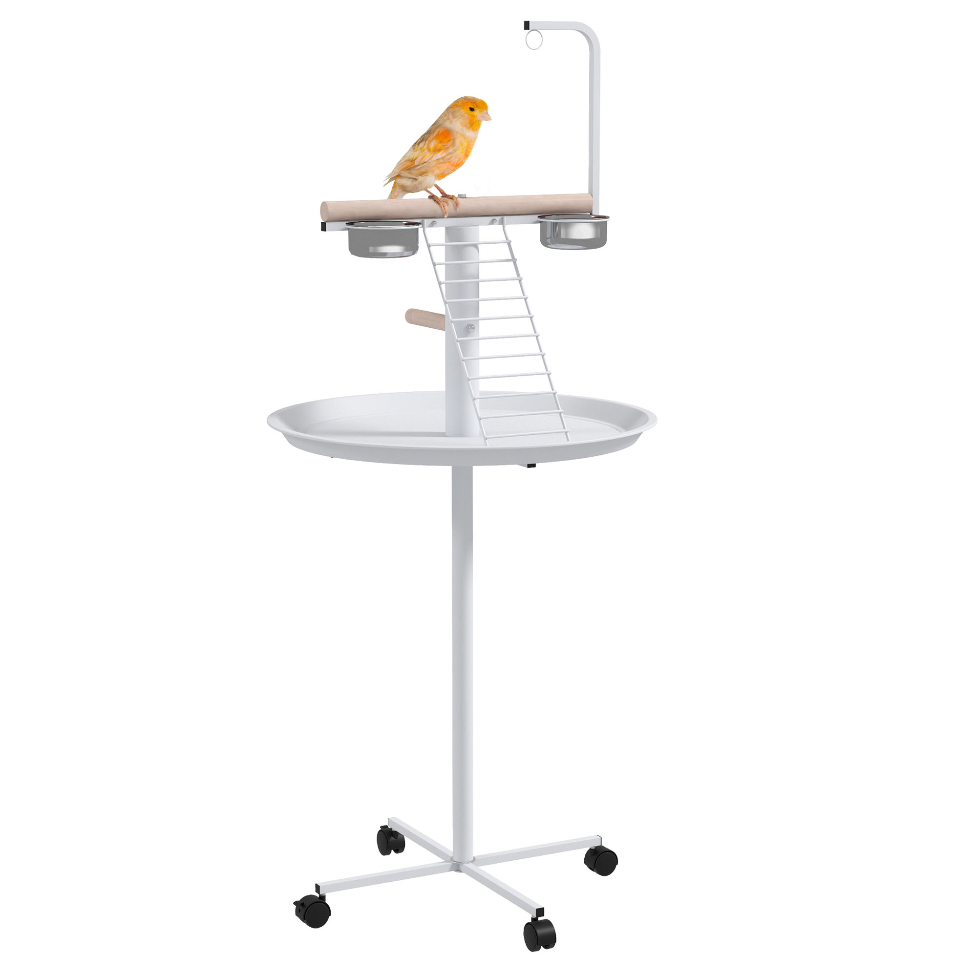 Bird Stand with Four Wheels, Perches, Stainless Steel Feed Bows, Round Tray, for Garden, Indoor, Outdoor - White - Life Essentials