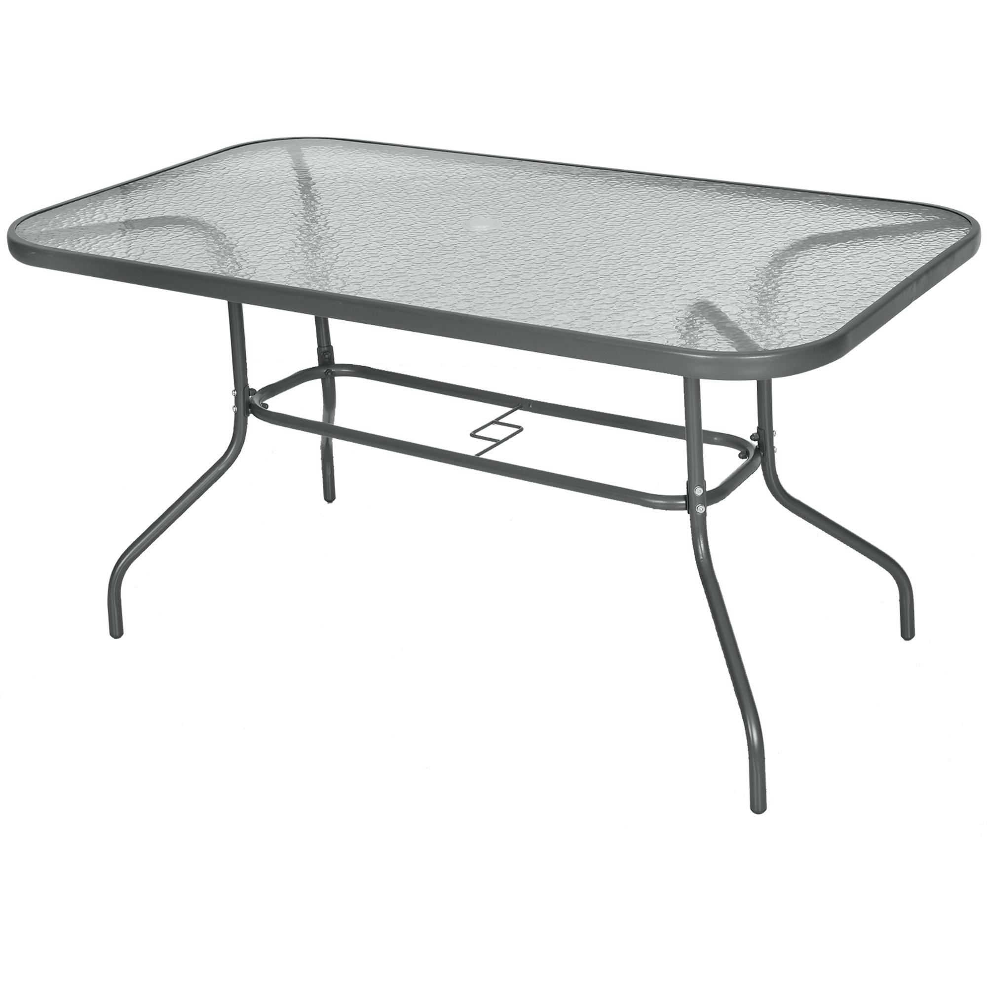 Aquatex Glass Garden Table Curved Metal Frame w/ Parasol Hole 4 Legs Outdoor Dining Sturdy Balcony Friends Family Tempered Grey - Life Essentials