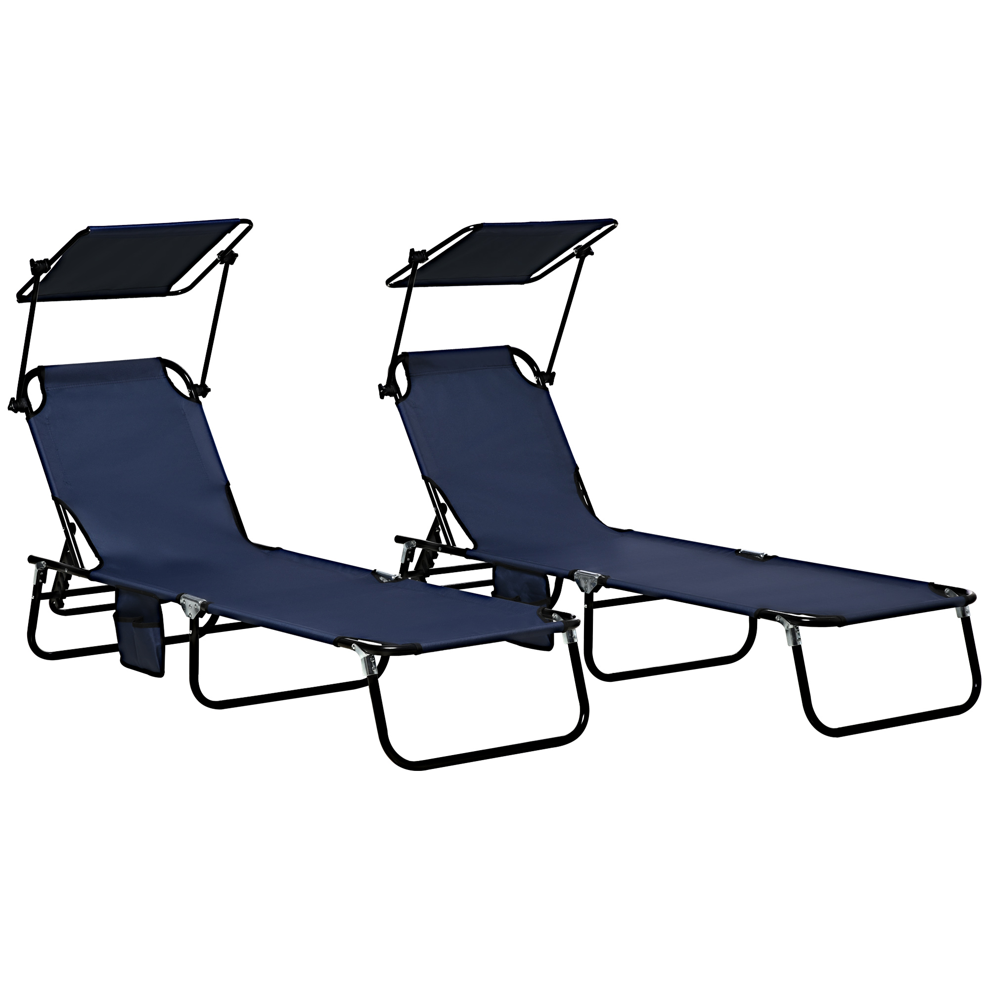 SUNVISTA 2 Piece Folding Sun Loungers with Canopy, Adjustable Recliner Garden Chairs with Side Pocket, Dark Blue - Life Essentials