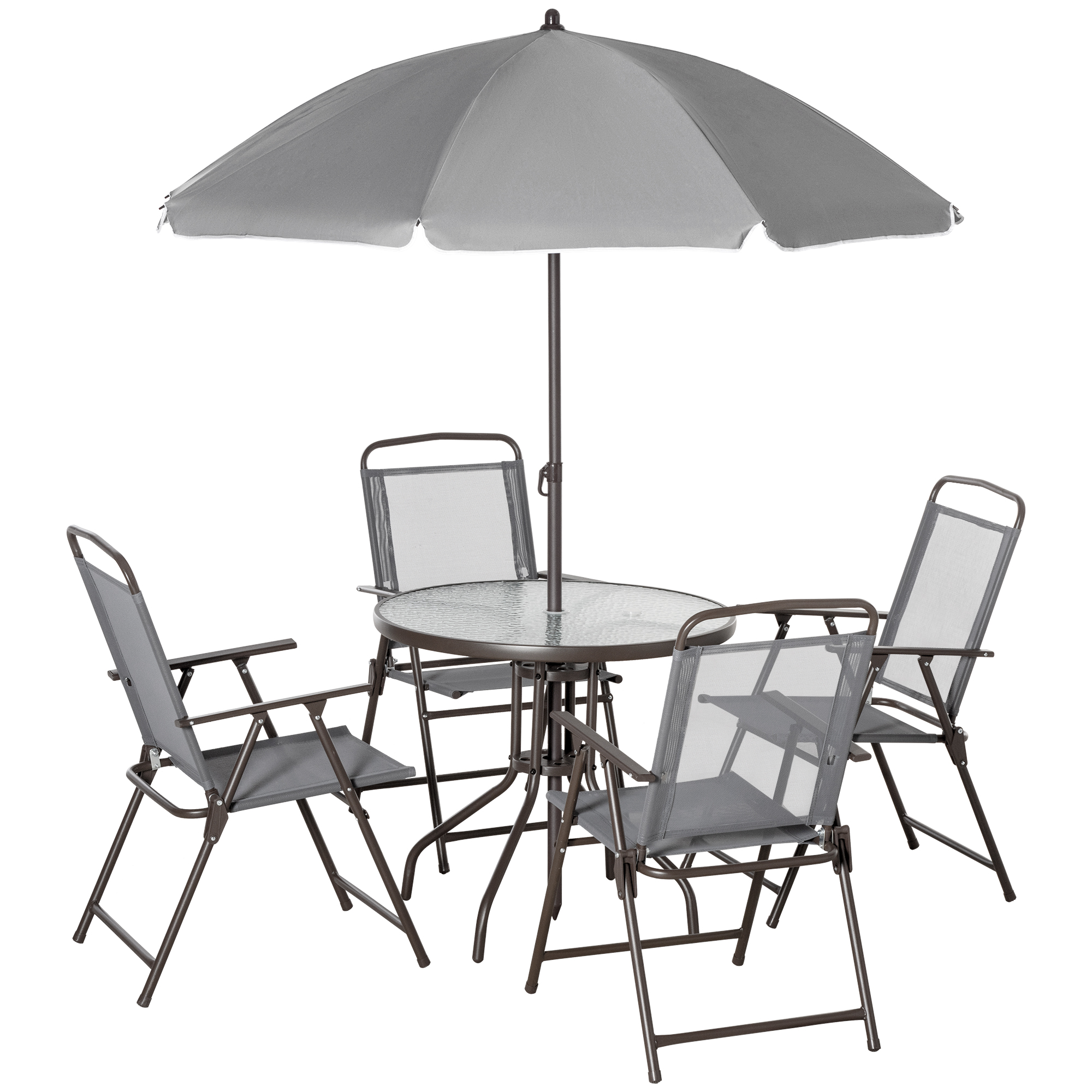 6 Piece Patio Dining Set with Umbrella, 4 Folding Dining Chairs & Round Tempered Glass Table for Garden, Backyard and Poolside, Grey - Life Essentials