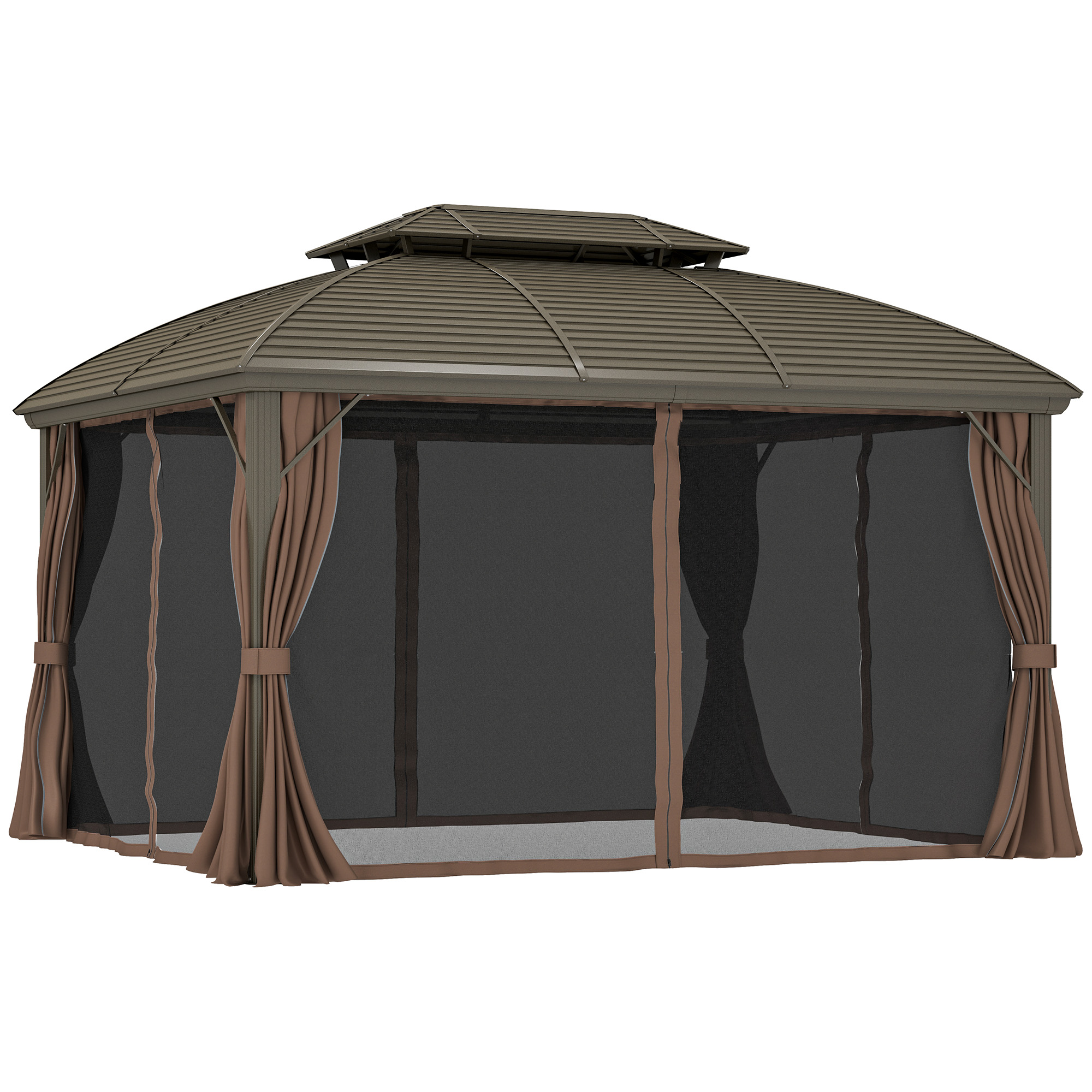 SUNVISTA 3.65 x 3(m) Hardtop Steel Gazebo Canopy with Aluminium Frame, Double Roof, Net Sidewalls and Curtains, Coffee - Life Essentials