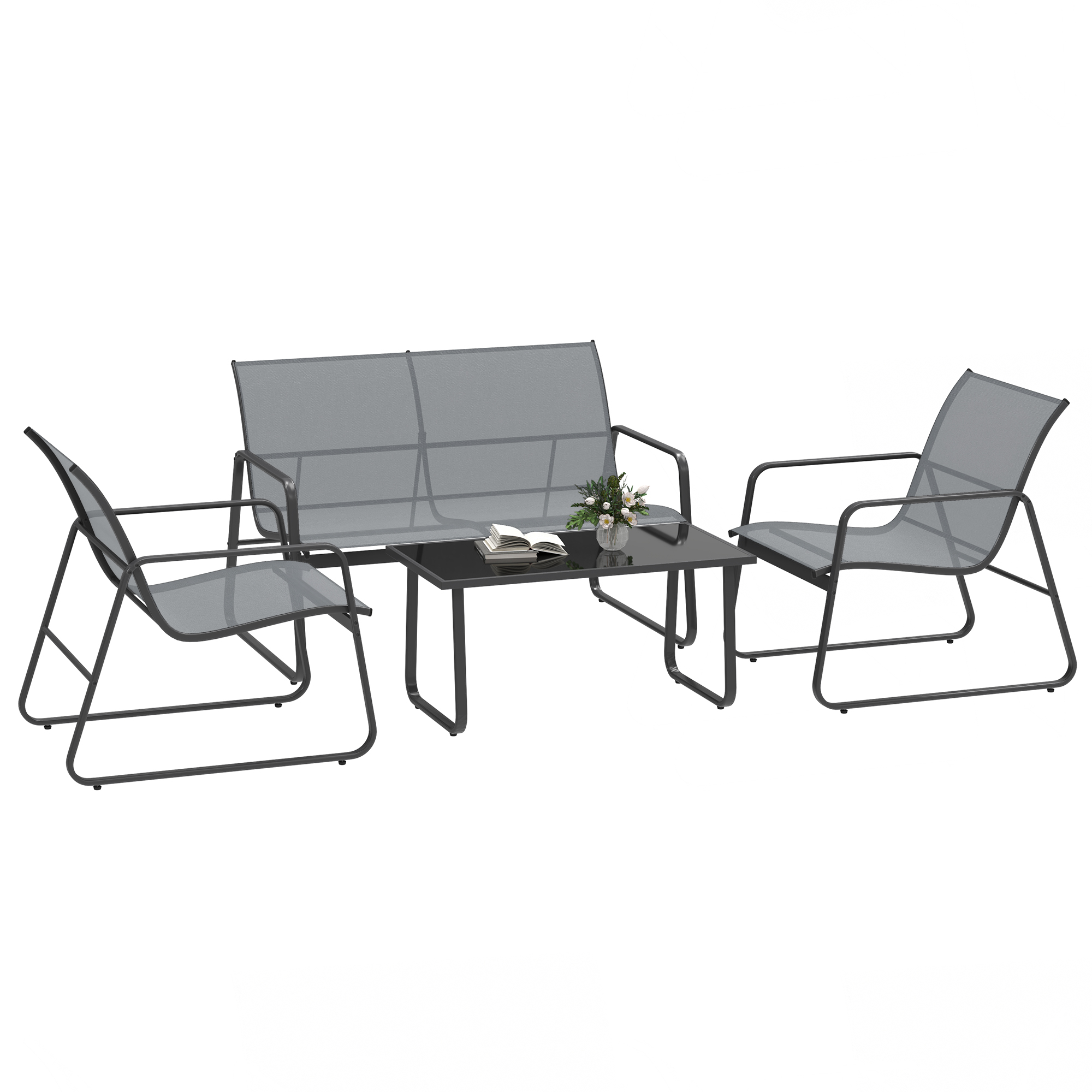 SUNVISTA 4 Piece Garden Furniture Set Outdoor Patio Sofa Set with Double Chair, Single Chairs and Glass Top Table for Terrace and Balcony, Light Grey 