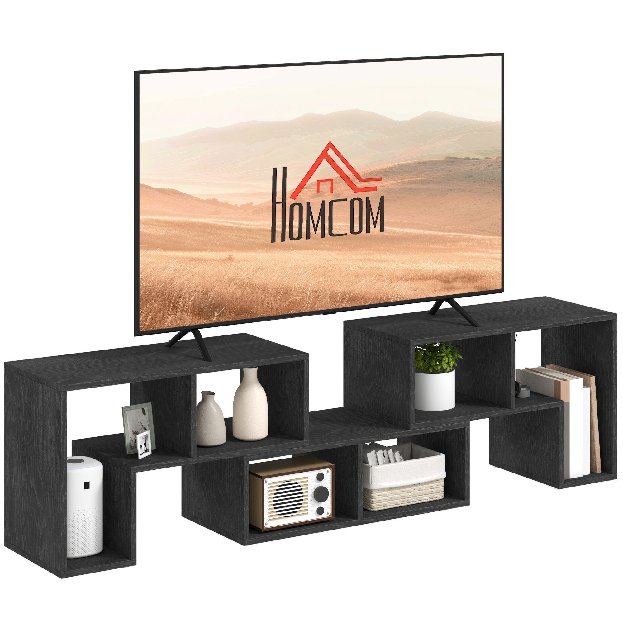 HERON TV Stand for TVs up to 75 Inches, Black Wood Grain - Life Essentials