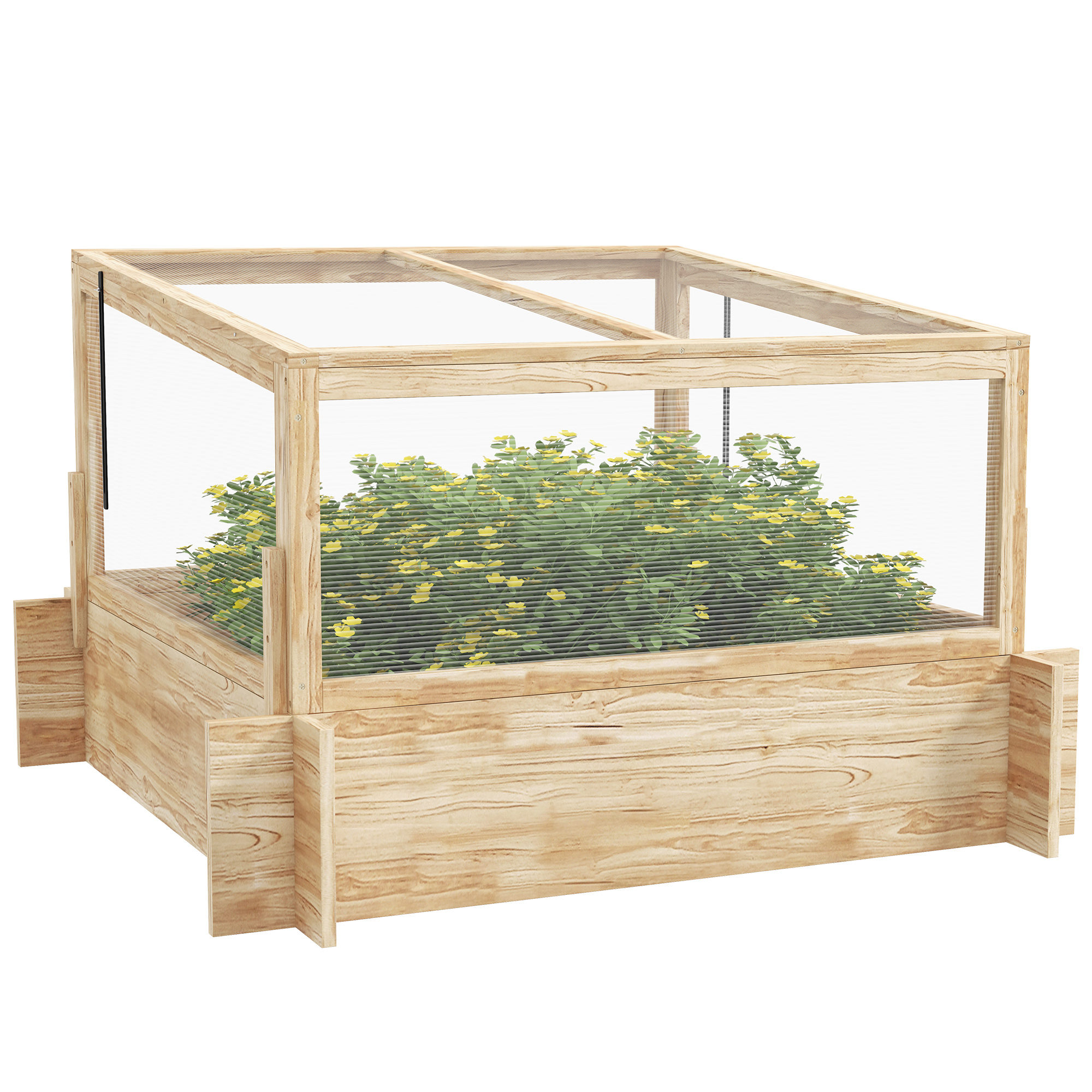 Outdoor Raised Garden Bed with Cold Frame Greenhouse and Openable Top, Wooden Elevated Planter Box for Vegetables, Flowers and Herbs, 98x98x63.5cm