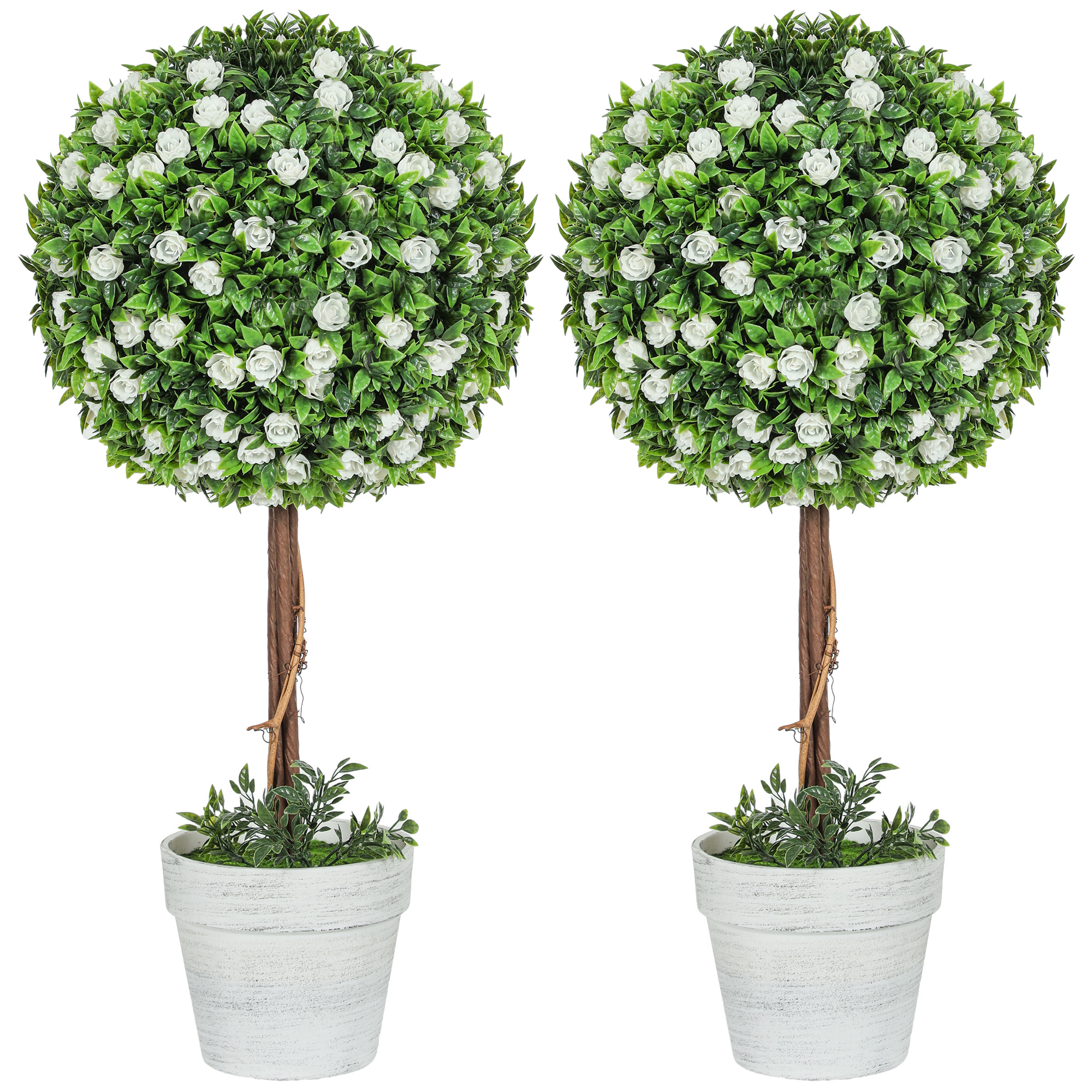 HERON Set of 2 Decorative Artificial Plants, Ball Topiary Tree with Rose Flower in Pot, Fake Plants for Home Indoor Outdoor Decor, 60cm, White - Life 