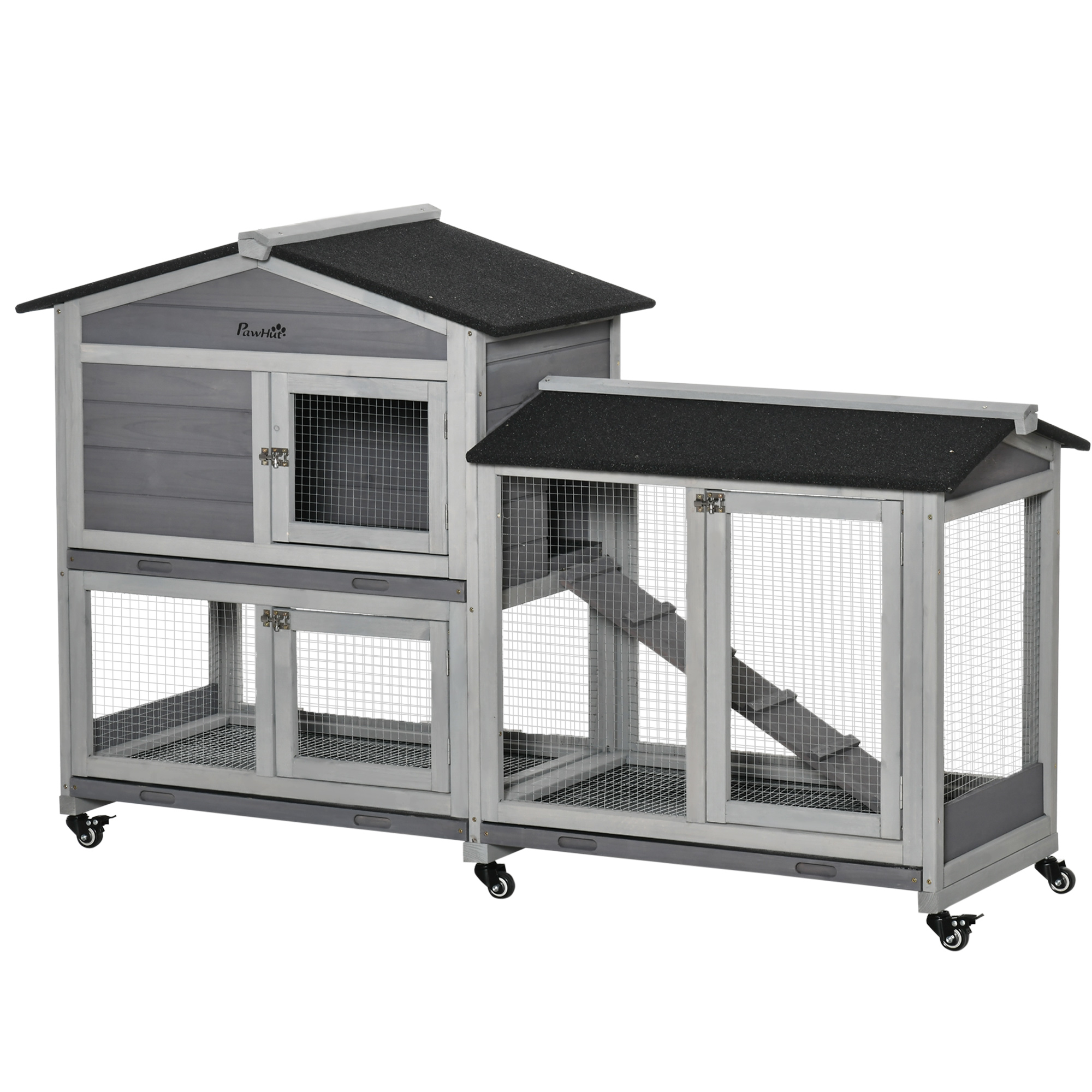 Two-Tier Rabbit Hutch and Run Wooden Mobile Guinea Pig Hutch Bunny Cage w/ Wheels, Run, Slide-Out Tray, Ramp 157.4 x 53 x 99.5 cm - Life Essentials