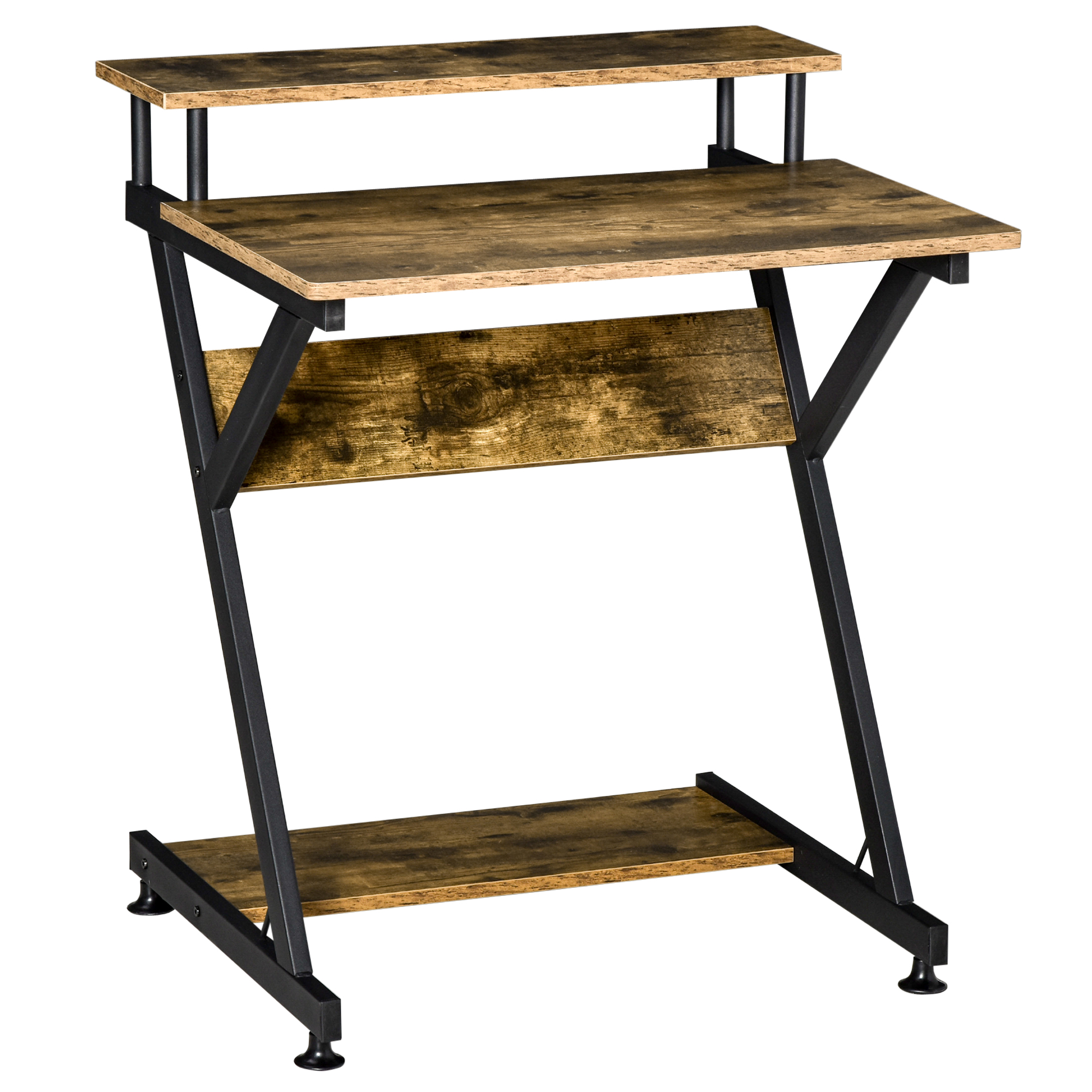 Compact Computer Table, R Shape Desk with Monitor Shelf and Storage for Home Office, Small, Study and Gaming 70cm, Brown - Life Essentials