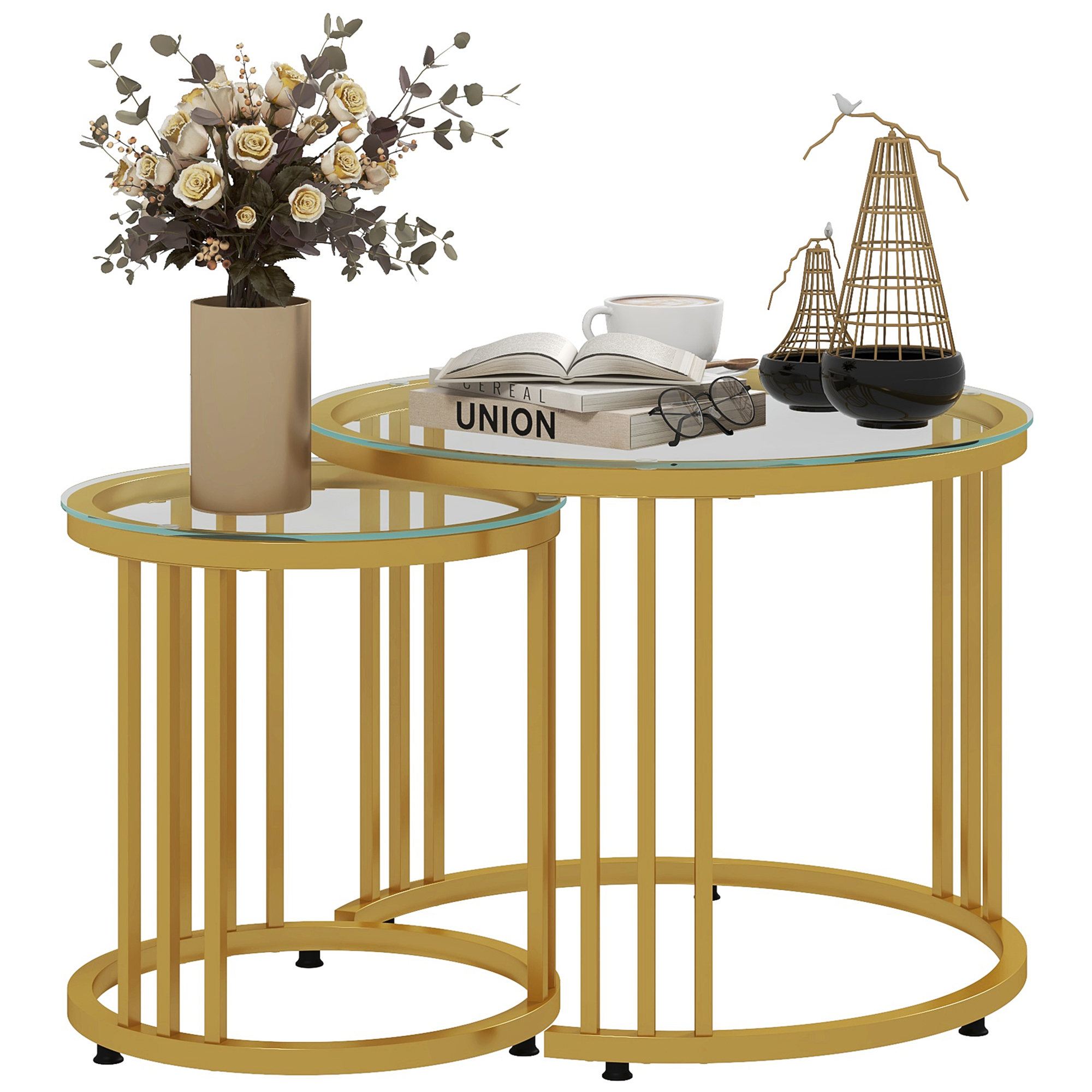 Round Coffee Tables Set of 2, Nesting Tables with Tempered Glass Top and Steel Frame, 60cmx60cmx47cm, Gold Tone - Life Essentials