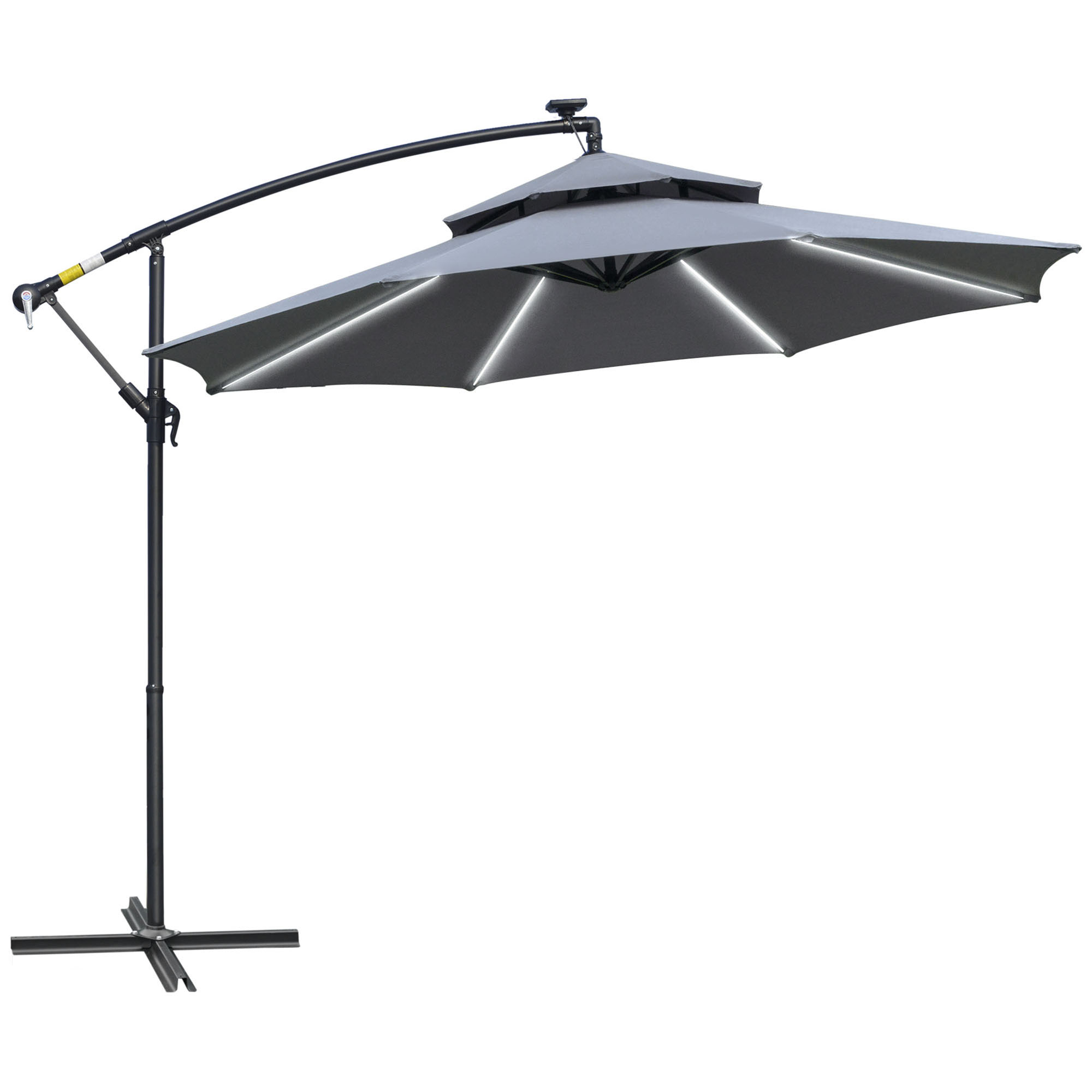 3M Cantilever Banana Parasol Hanging Umbrella with Double Roof, LED Solar lights, Crank, 8 Sturdy Ribs and Cross Base for Outdoor, Garden - Life 