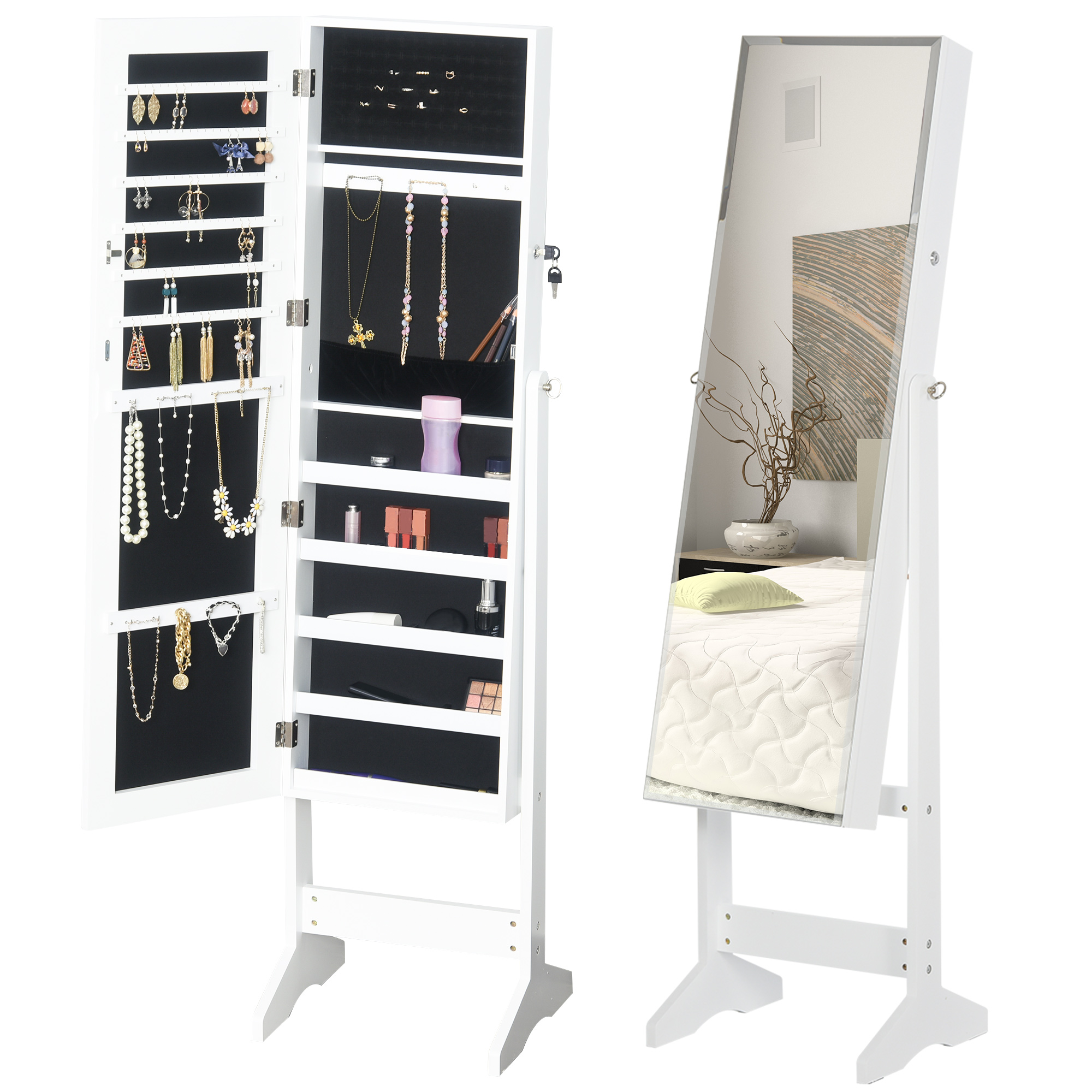 Jewelry Cabinet Standing Mirror Full Length Makeup Lockable Armoire Storage Organizer White - Life Essentials