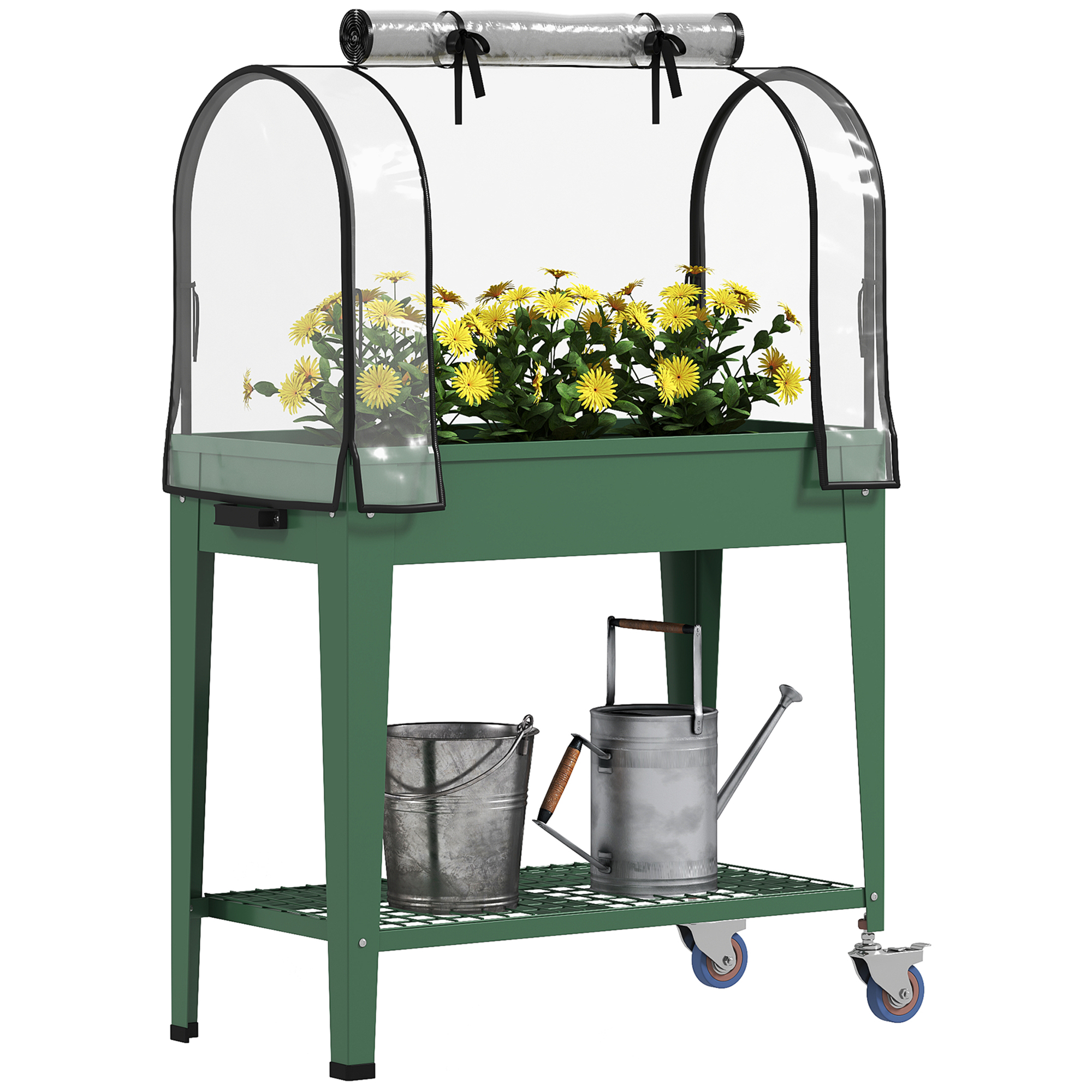 SUNVISTA Raised Planter with Greenhouse Cover, Mobile Elevated Garden Bed with Wheels and Bottom Shelf for Vegetables, Green - Life Essentials