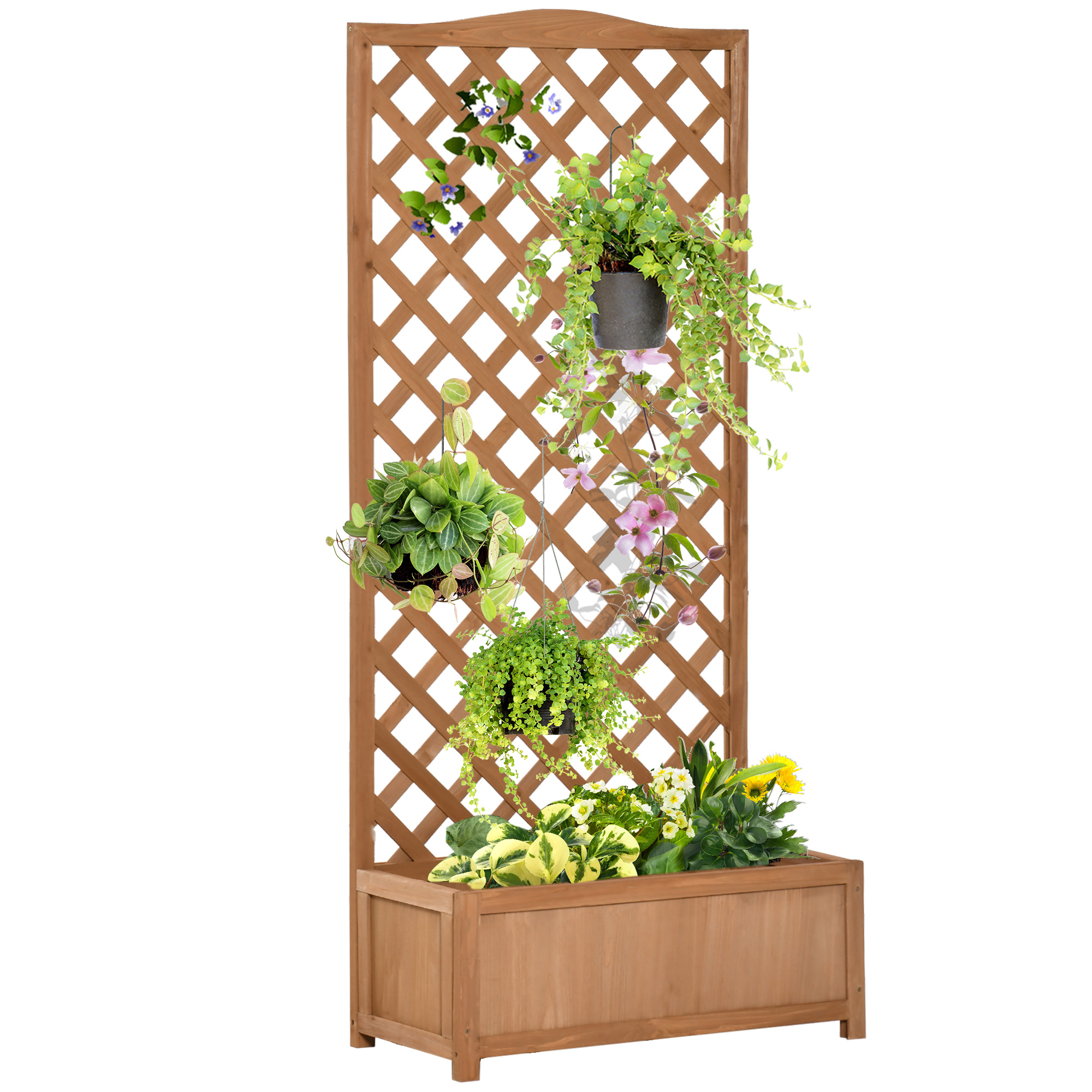 Garden Wooden Planter Box with Trellis Free Standing Flower Raised Bed with Lattice for Climbing Plants, 76cm x 36cm x 170cm, Brown - Life Essentials