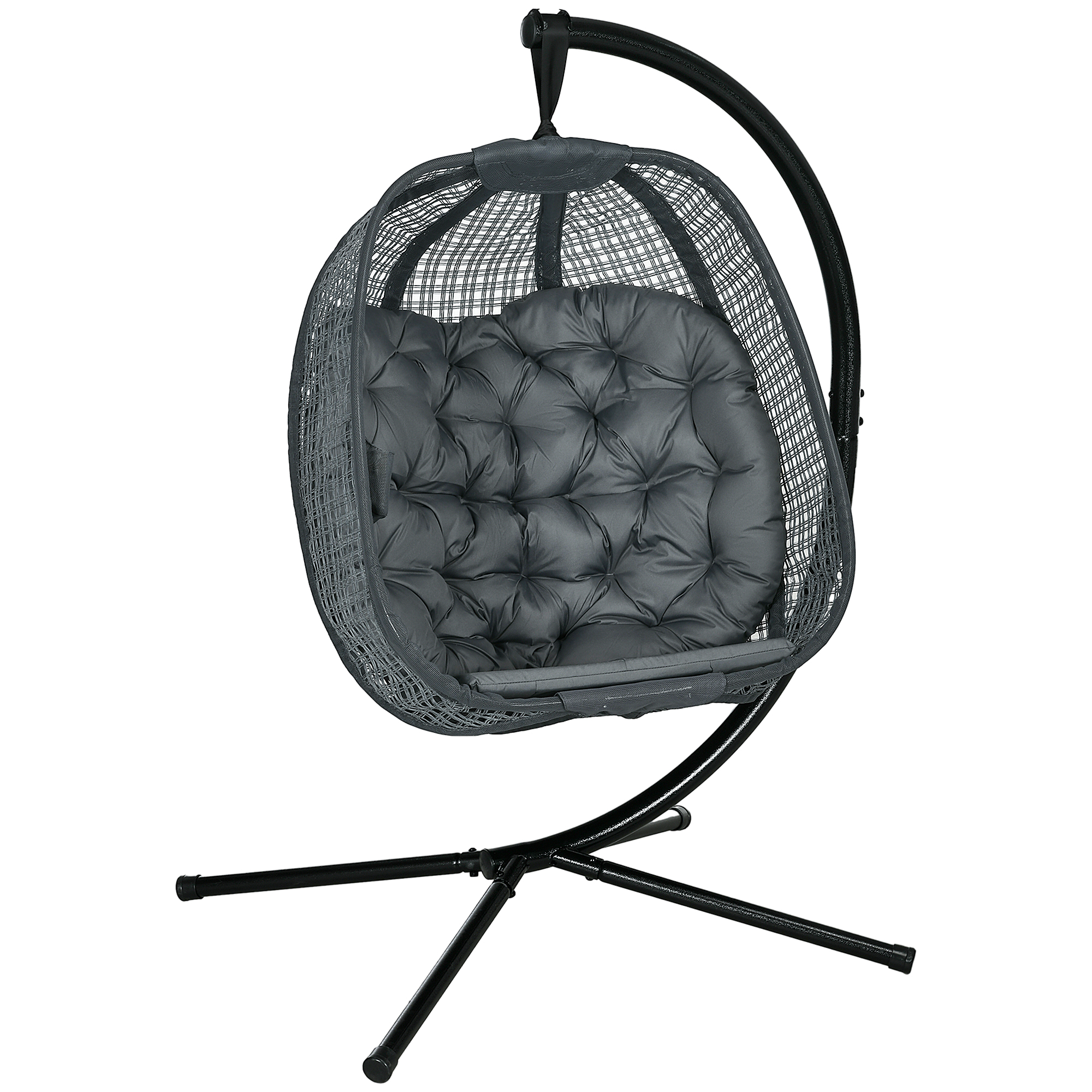 Outdoor Swing Chair w/ Thick Padded Cushion, Patio Hanging Chair w/ Metal Stand, Foldable Basket, Cup Holder, Dark Grey - Life Essentials