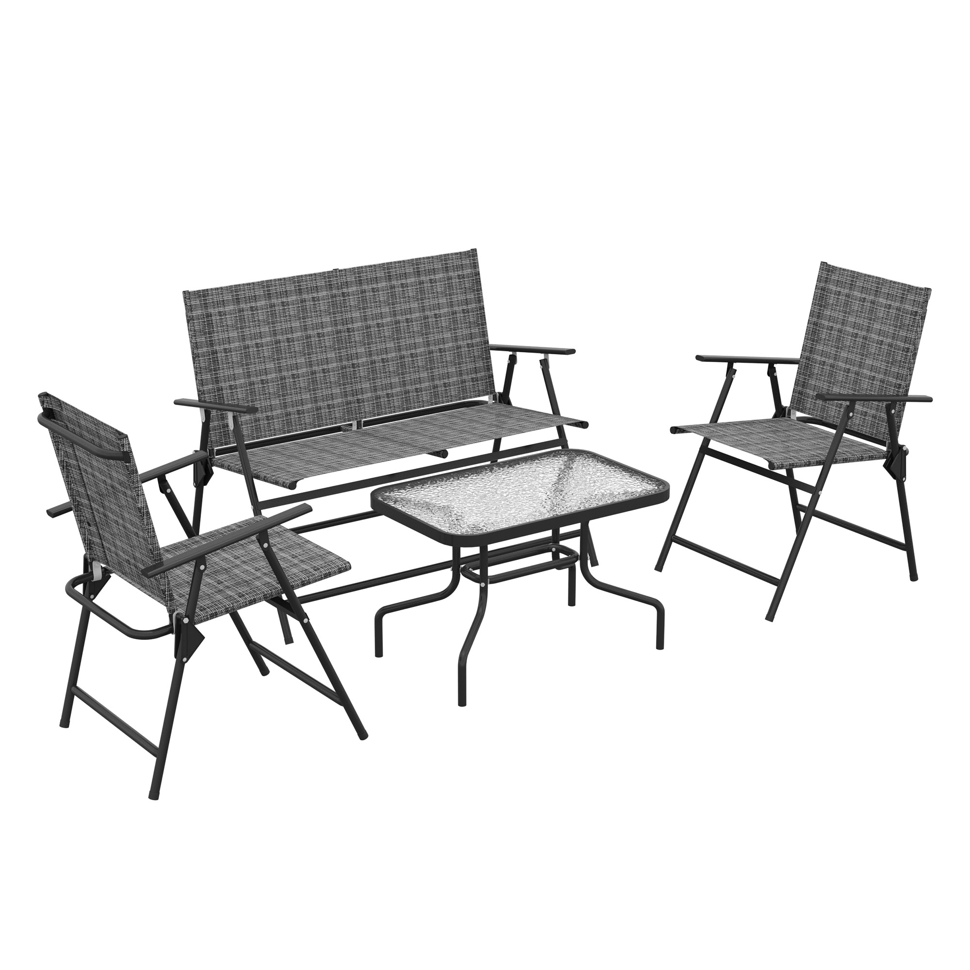 4 Pcs Patio Furniture Set w/ Breathable Mesh Fabric Seat, Backrest, Garden Set w/ Foldable Armchairs, Loveseat, Glass Top Table, Mixed Grey - Life 