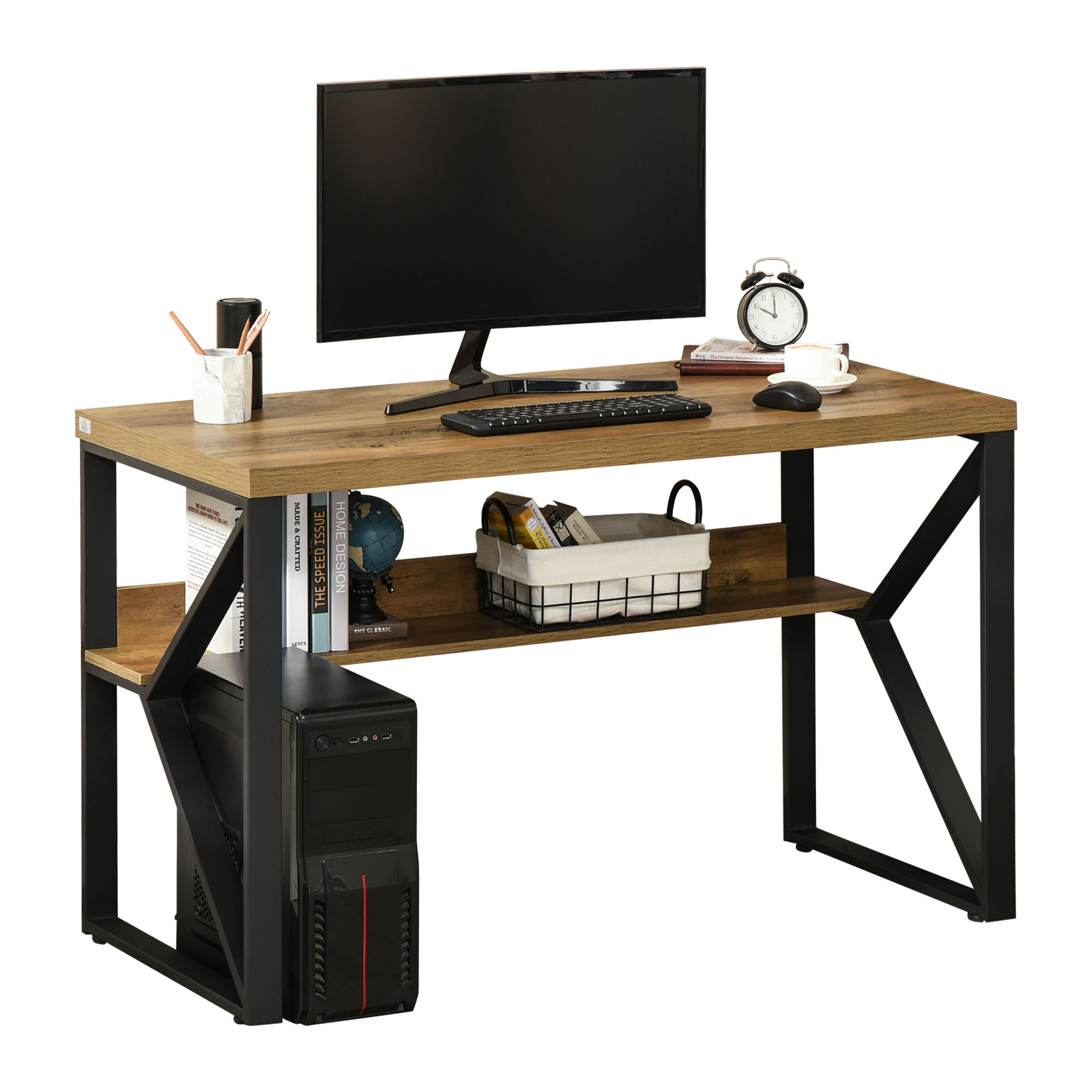 Writing Desk Computer Table Home Office PC Laptop Workstation Storage Shelf Black Brown Wood Effect - Life Essentials