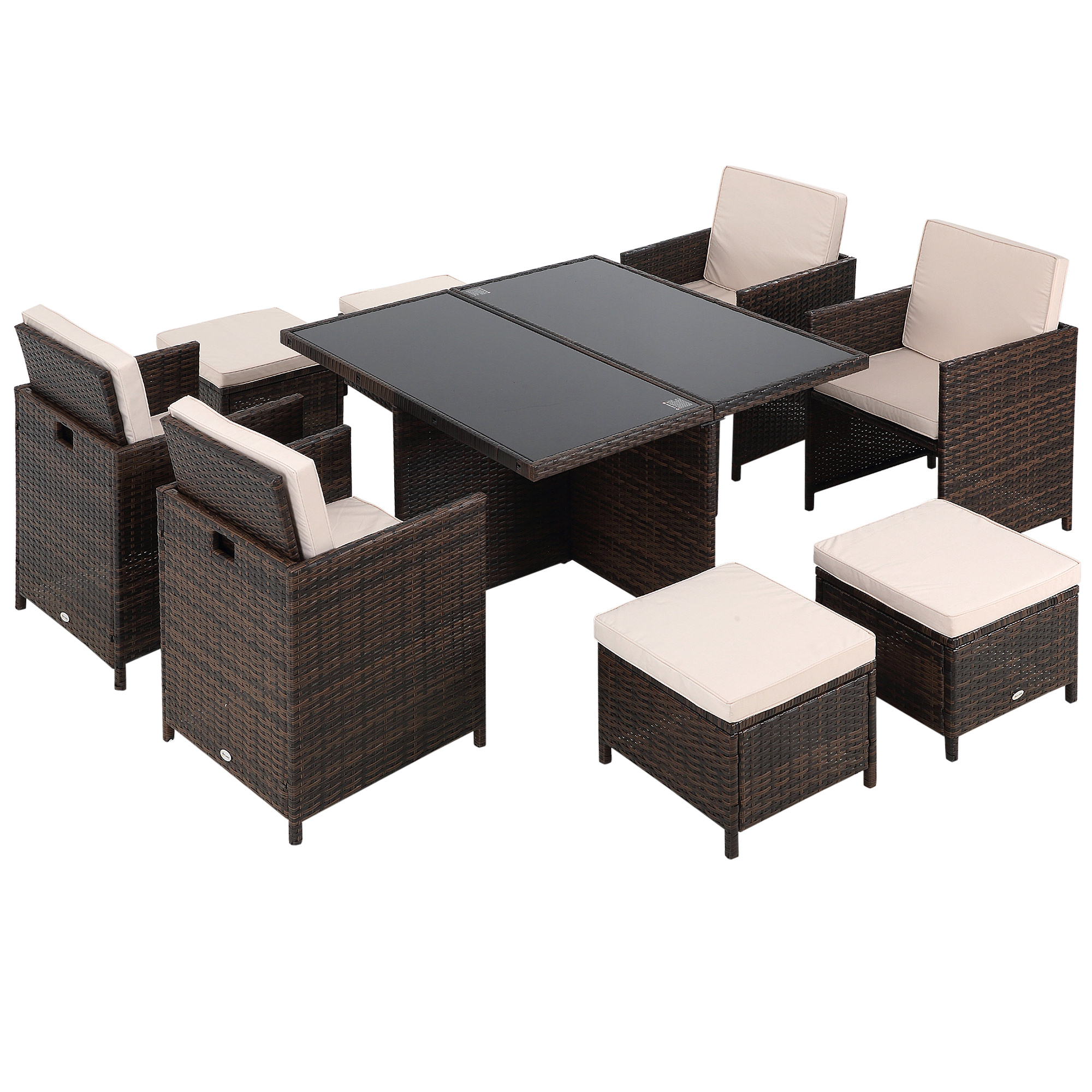 9PC Rattan Garden Furniture Set 8-seater Wicker Outdoor Dining Set Chairs + Footrest + Table Thick Cushion - Brown - Life Essentials