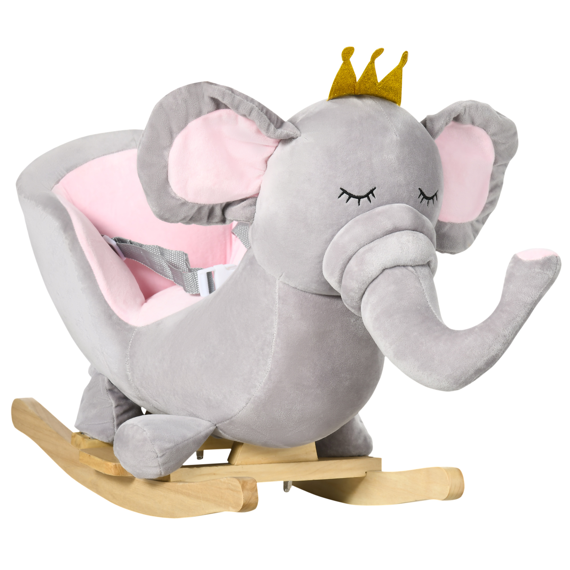 Baby Rocking Horse Elephant Rocking Chair Rocker Toy with Wooden Base Seat Safety Belt for 1.5-3 Year Old, Grey - Life Essentials