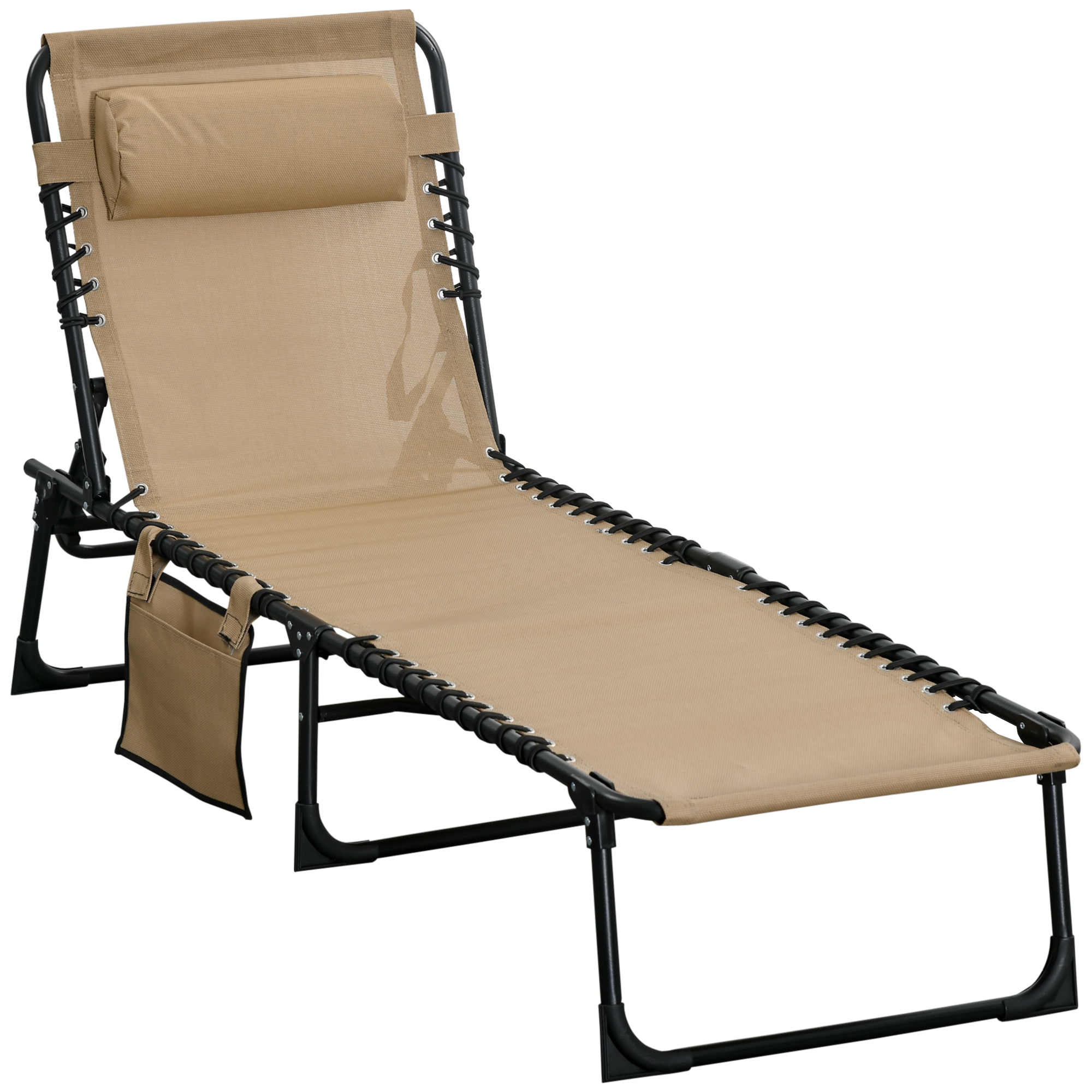 Portable Sun Lounger, Folding Camping Bed Cot, Reclining Lounge Chair 5-position Adjustable Backrest w/ Pillow for Garden Beach Pool, Beige - Life 