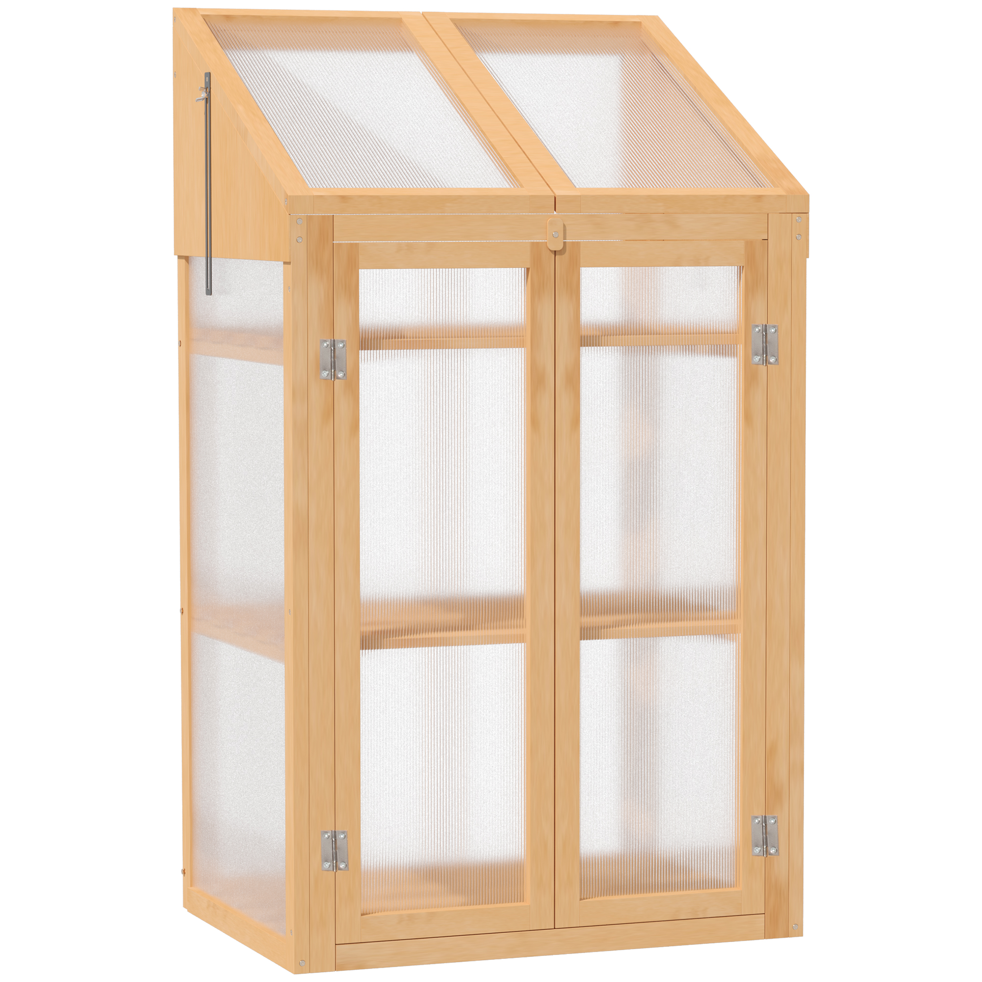 Wooden Greenhouse, Cold Frame Grow House with Polycarbonate Semi Transparent Glazing, Openable Lid and Double Door, 70 x 50 x 120cm, Brown - Life 